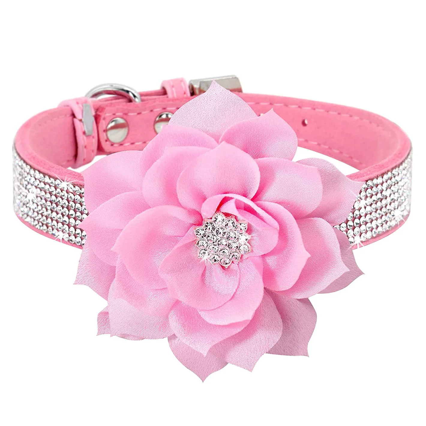 Trendy Pimaodog Rhinestone Collar – Pink Soft Suede Leather Adjustable 32-38cm M Certified