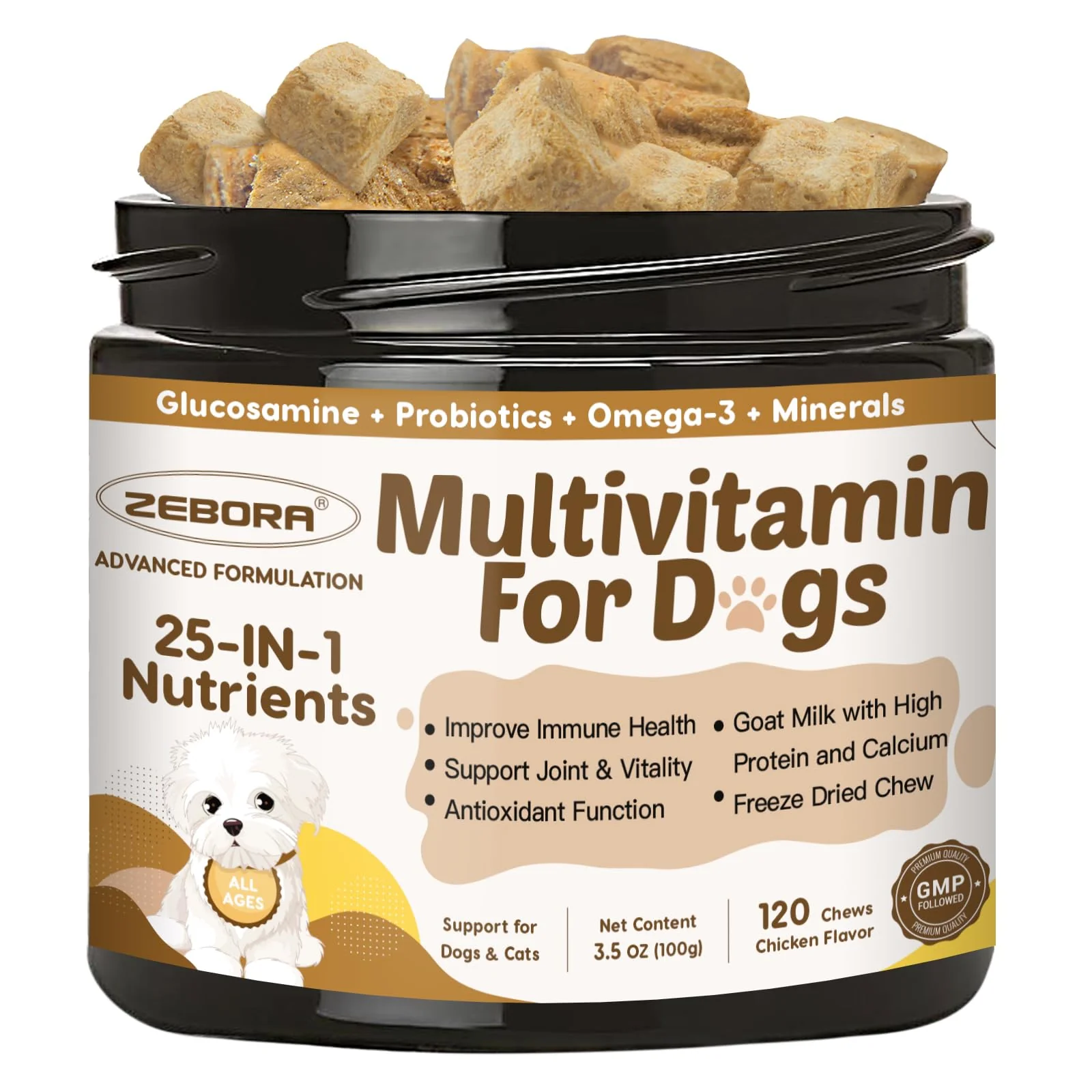 Fine Crafted ZEBORA Dog Multivitamin with Probiotics – Digestive Immune Joints Coat Secure