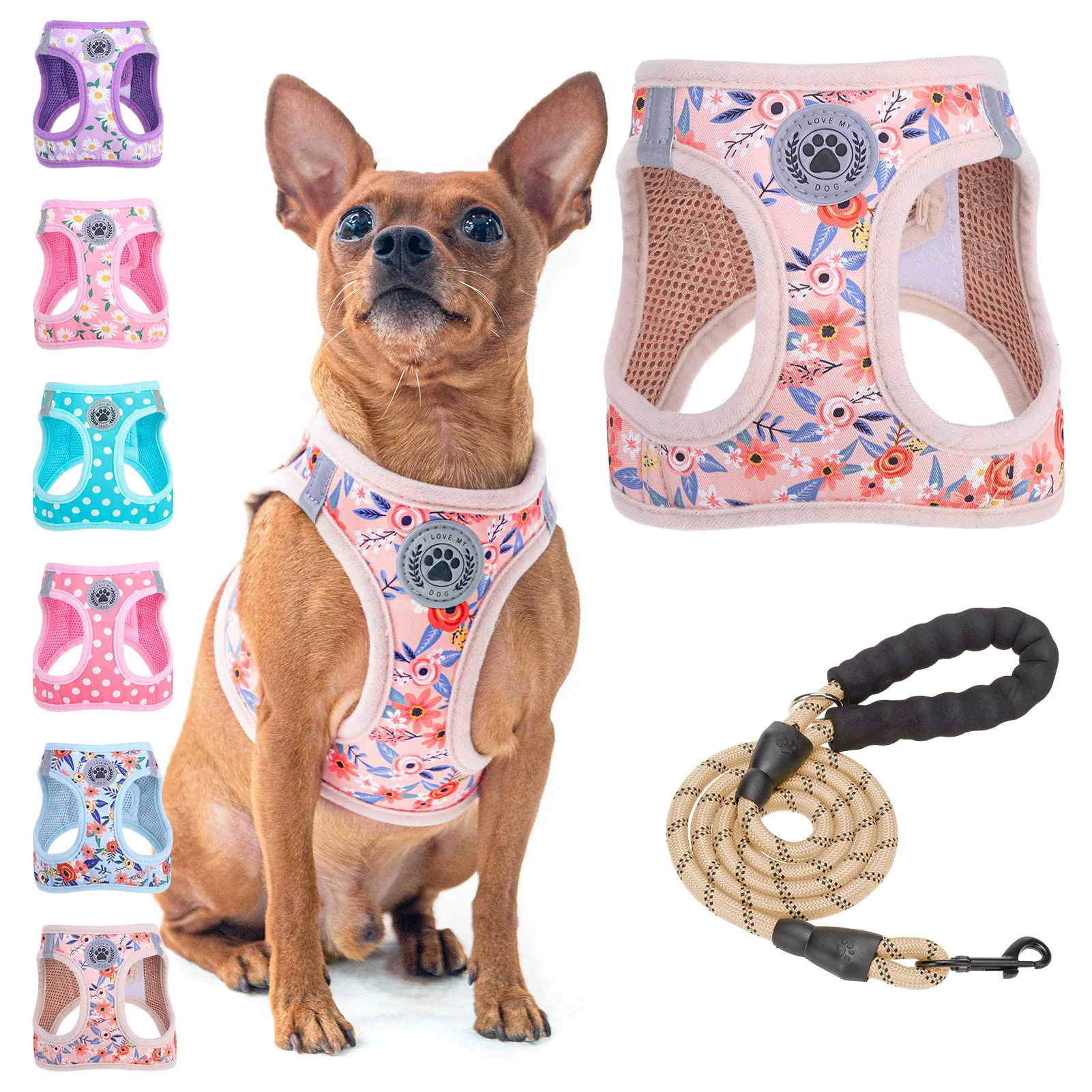 Artisan BEAUTYZOO Step-In Floral Harness Leash Set — No-Pull Reflective Small Dog Cat XXS-XS-S Enhanced