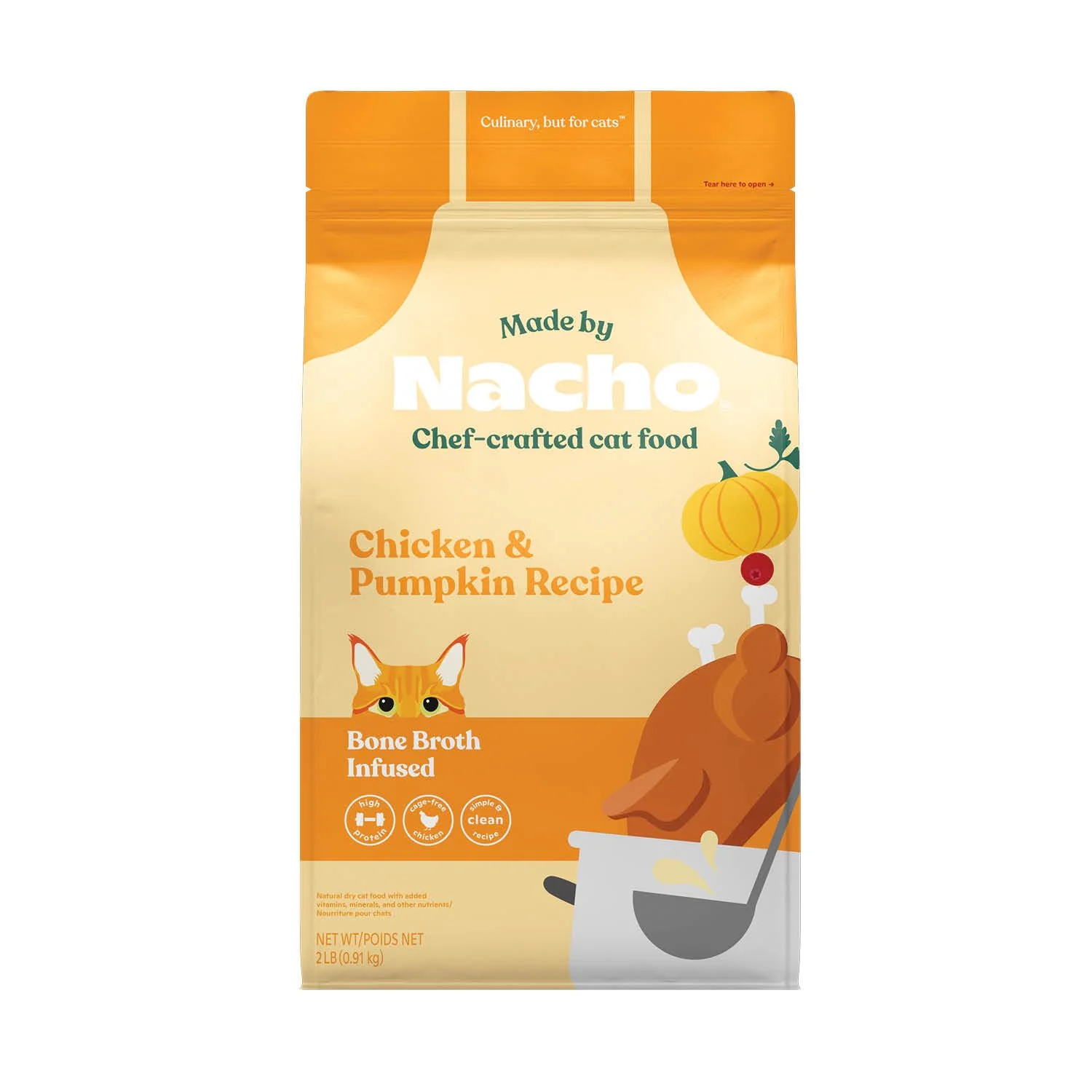 Unique Made by Nacho Dry Cat Kibble 2lb Bag – Cage- Chicken Pumpkin Bone Broth Infusion Verified