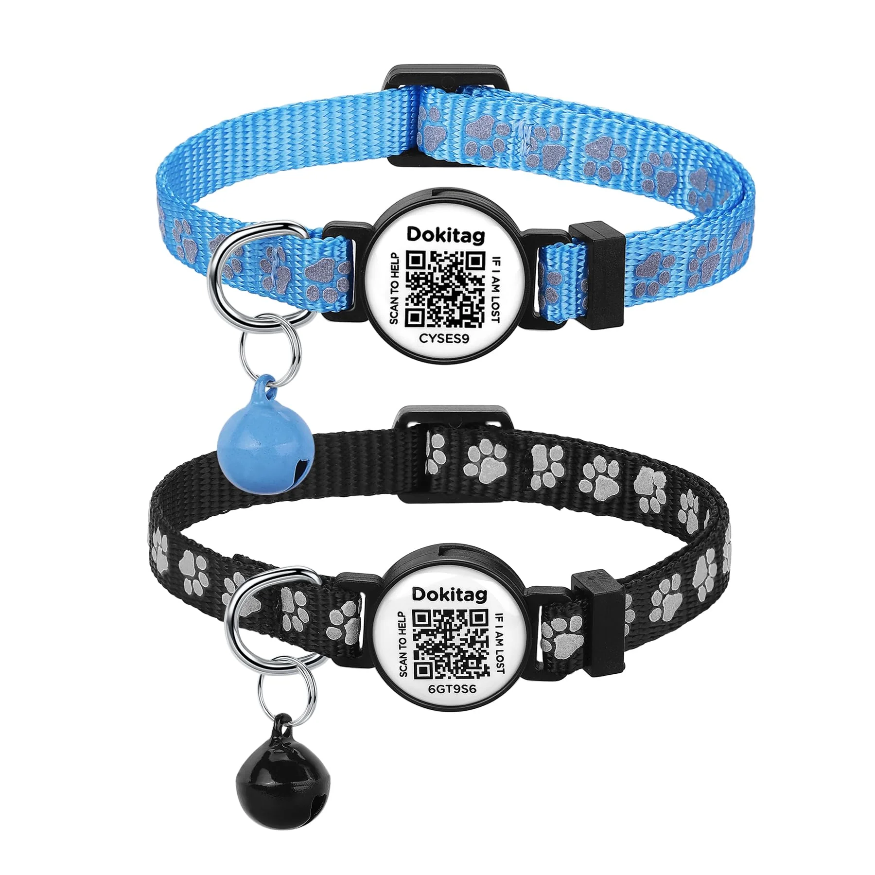 Traditional DOKITAG Reflective Cat Collar with QR Code – Breakaway 2-Pack Blue Black Original