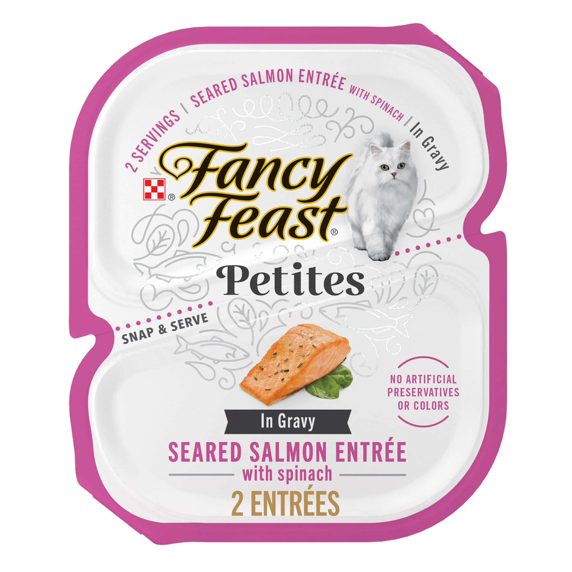 High-End Fancy Feast Petites Seared Salmon Entree With Spinach in Gravy — 2.8 oz Tubs Pack of 12 Enhanced