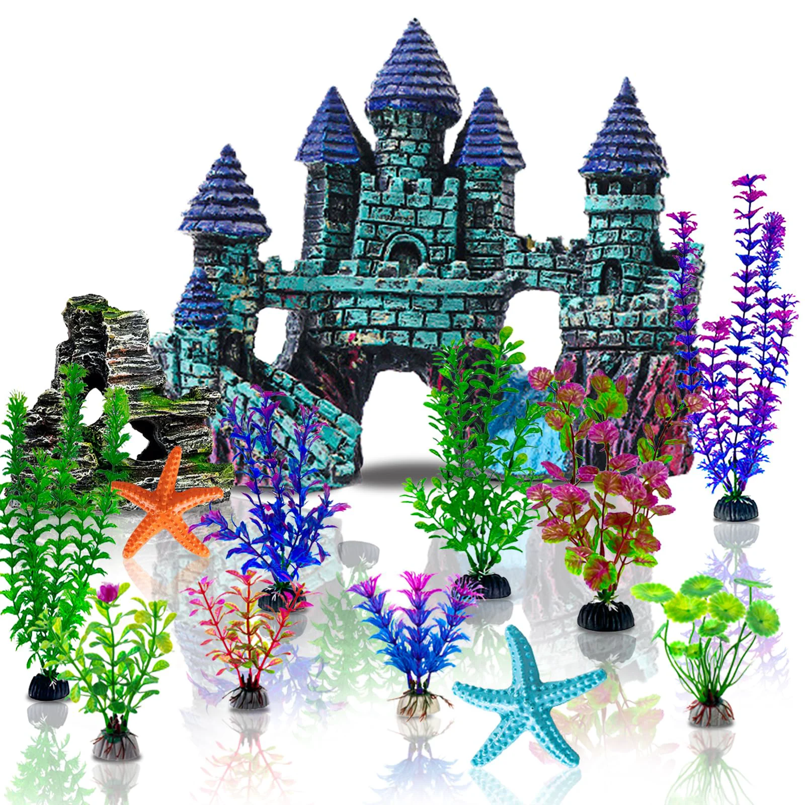 Convenient Mechpia 13-Piece Aquarium Decorations Kit Castle Rockery Plants for Betta Tanks Versatile