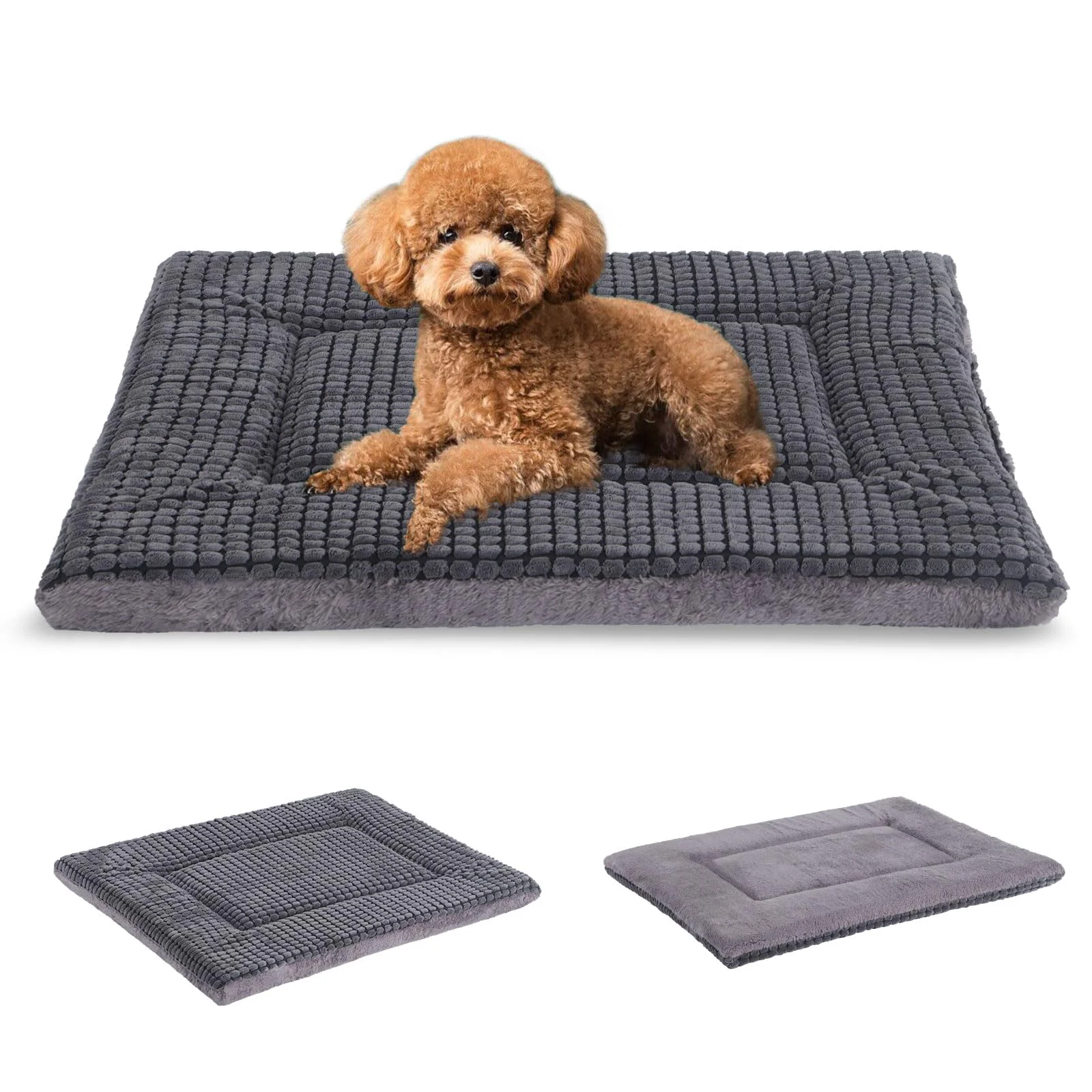 World-Class BVAGSS Reversible Memory Foam Dog Crate Pad — Plush Corn Velvet 24x18 Light Grey First-Class