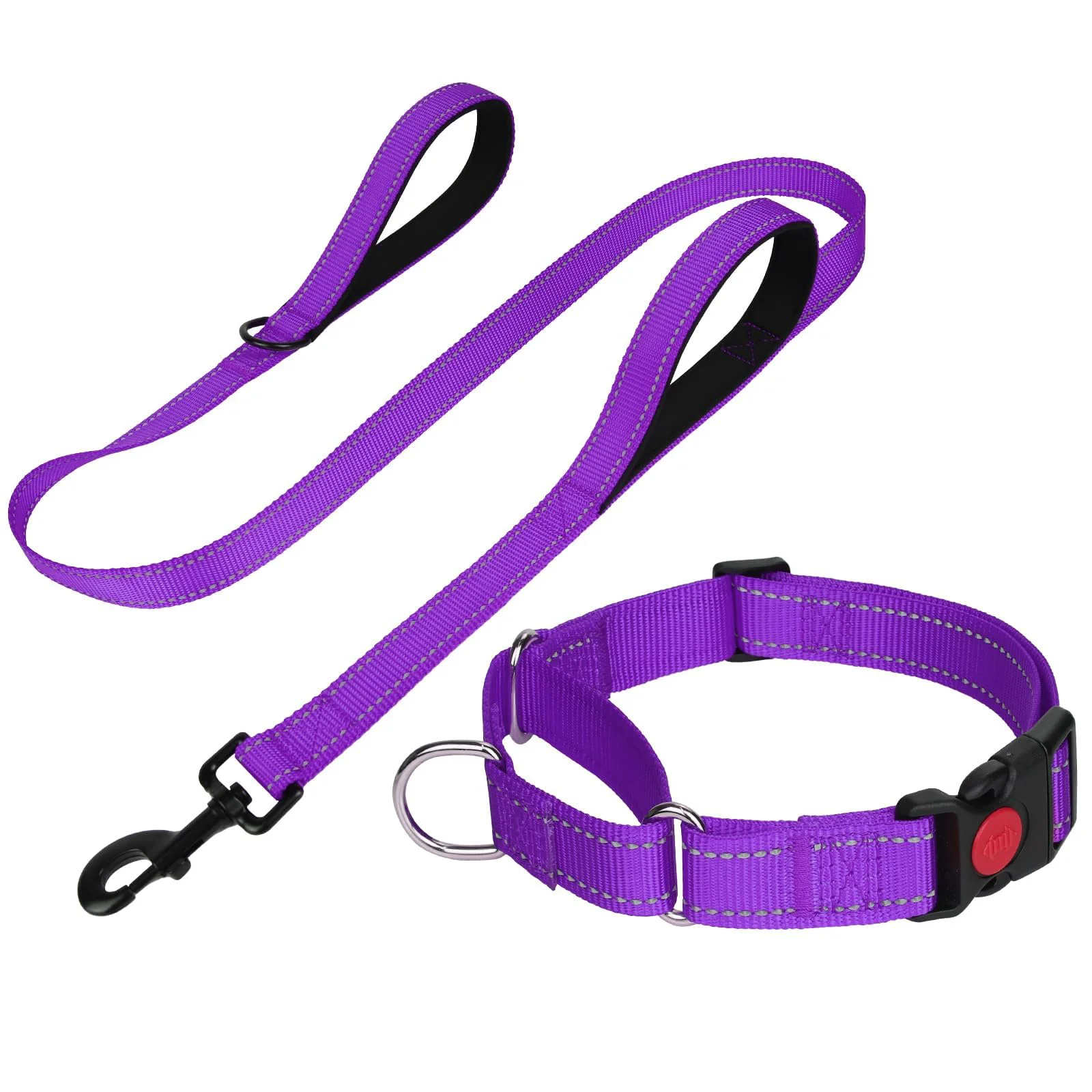 Durable FunTags Reflective Martingale Collar 5ft Leash Set for Dogs - Quick Release Double Handle Purple S Authentic