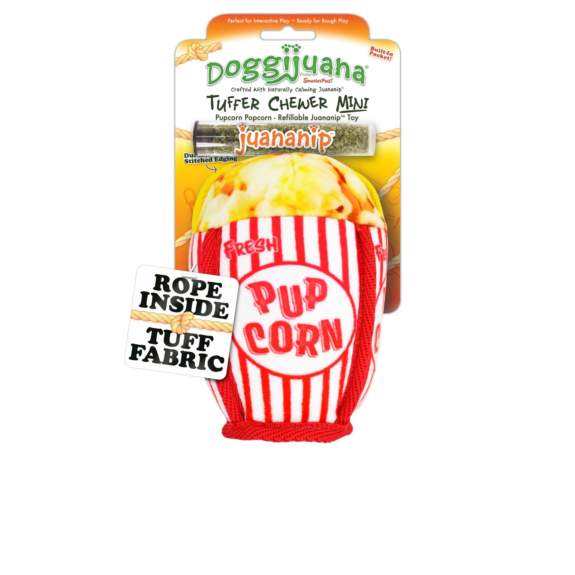 High-End Doggijuana Tuffer Chewer Mini Plush Dog Toy with Juananip Catnip - Calming Interactive Squeaky Toy Pupcorn Smart