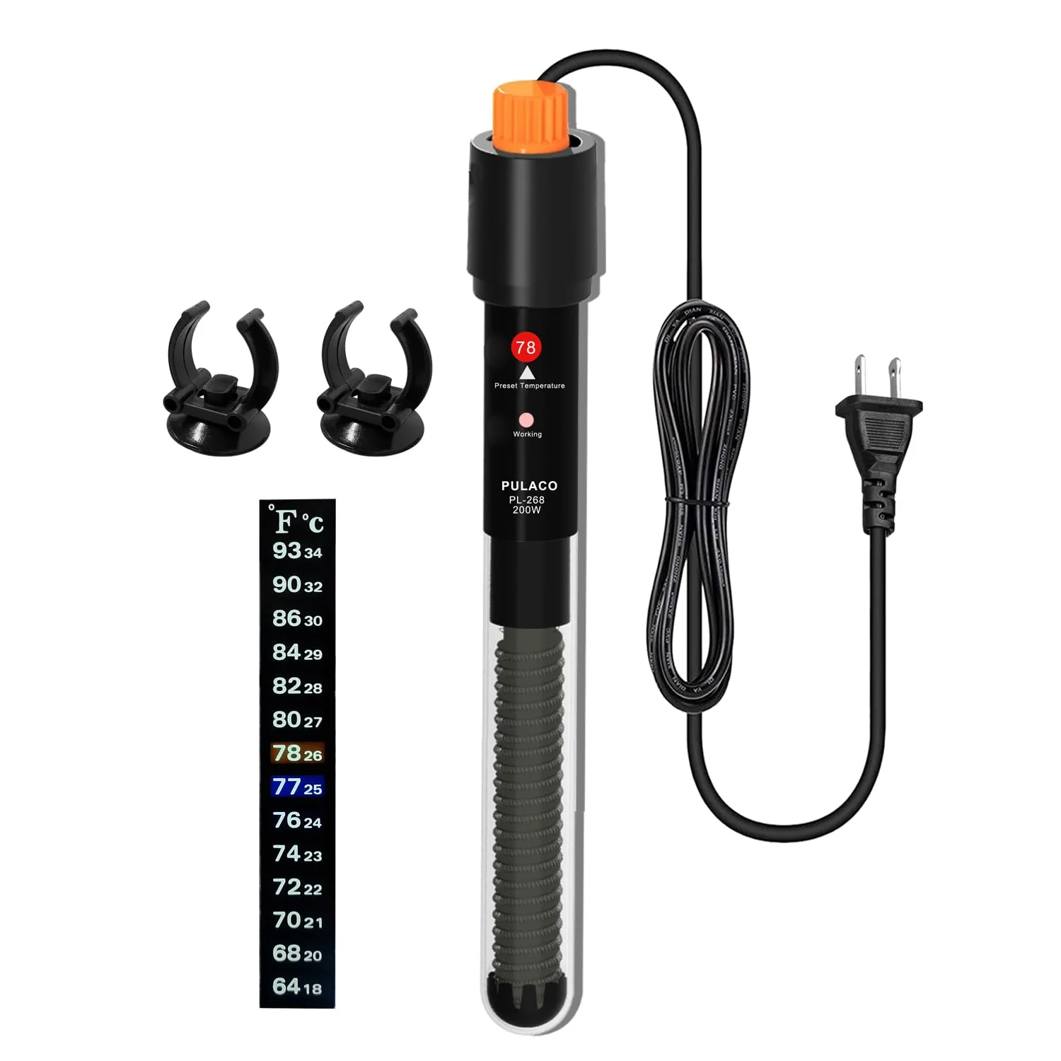 Fine PULACO 200W Aquarium Heater for 20-40 Gallon Tanks Adjustable Submersible Thermostat Thermometer Strip Premium