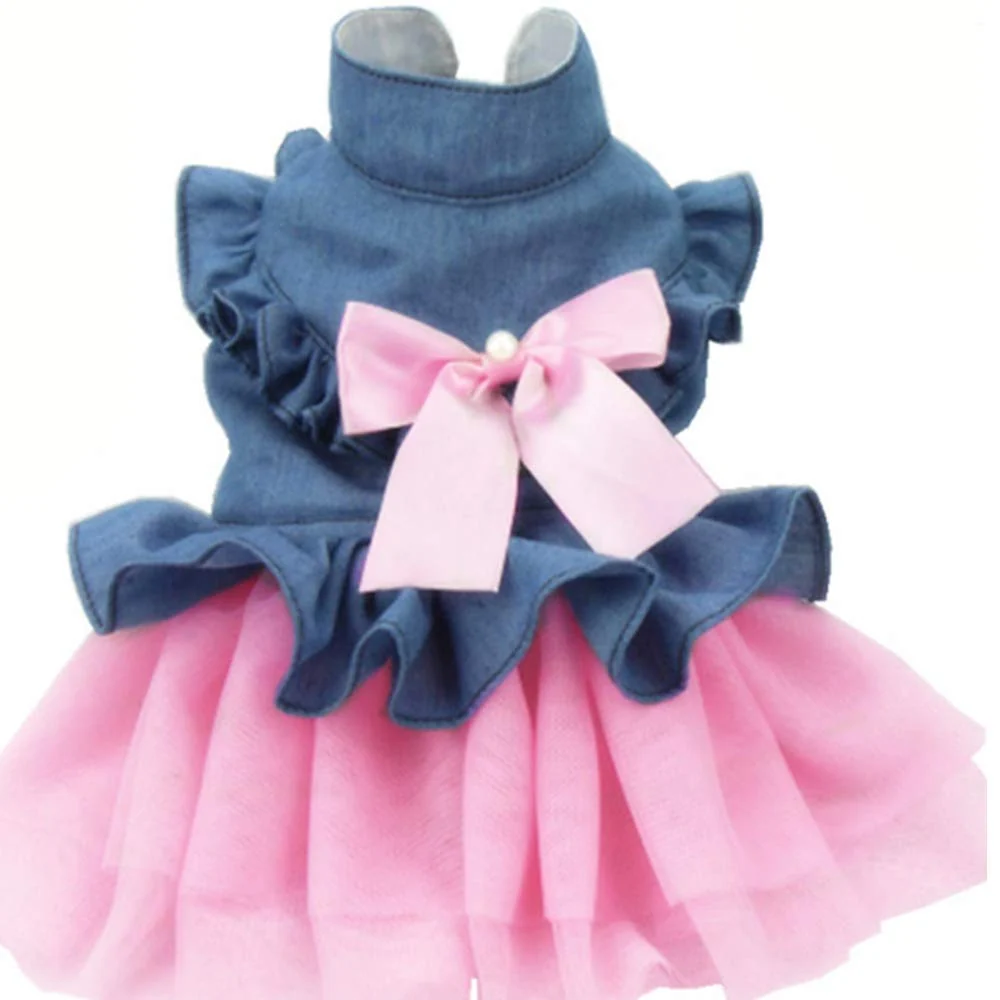Elite ANIAC Pet Denim Dress with Bow-Knot Tutu - Medium Cats Small Dogs Spring Summer Outfit Powerful