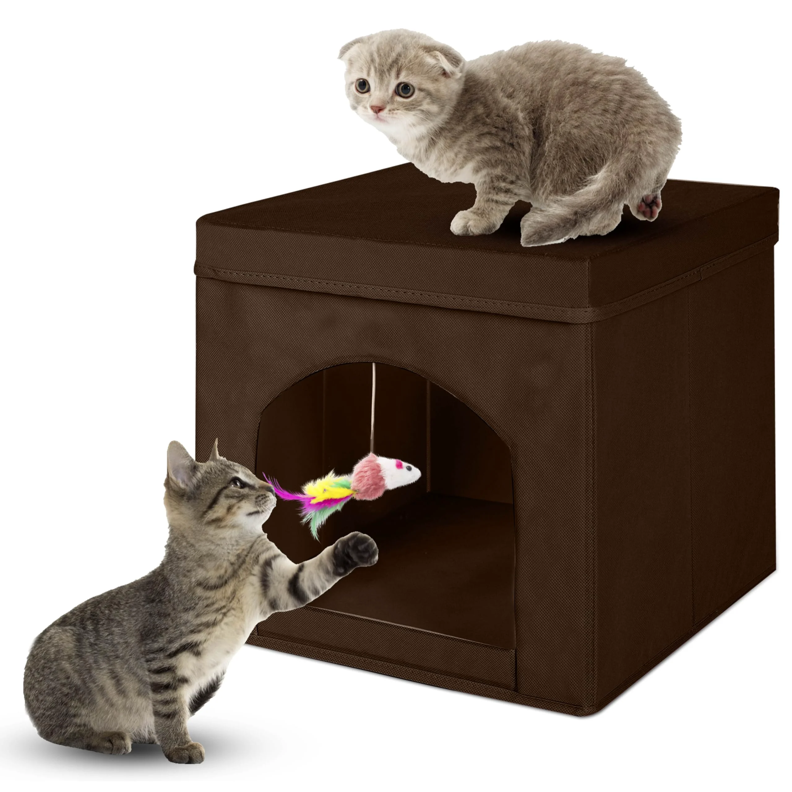 Unique PowerKing Collapsible Cat Bed – Foldable Cube with Top Cushion Mat 13 x 13 x 13 in Brown Fashionable