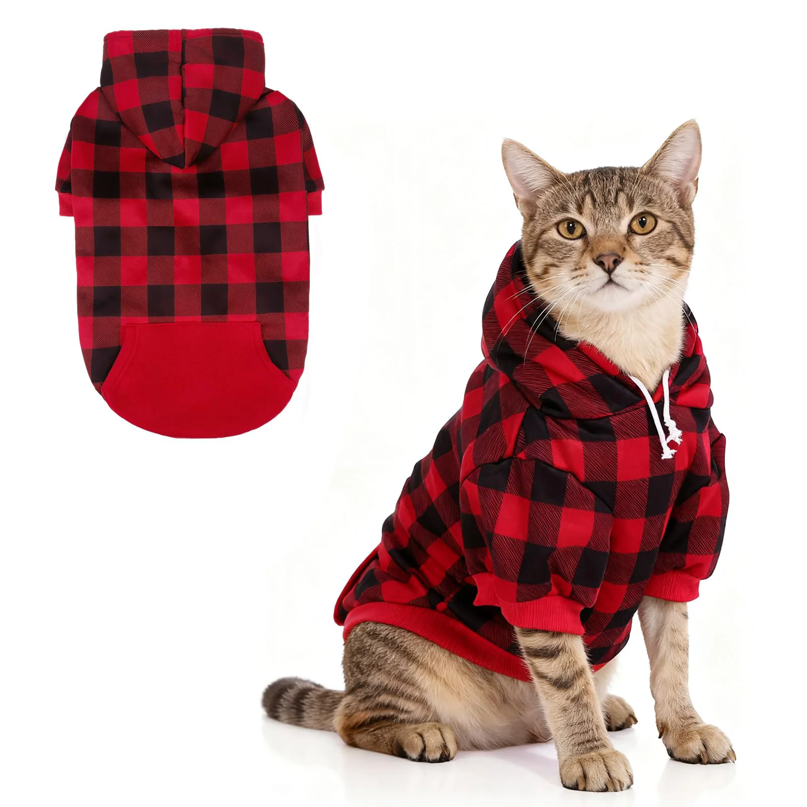 Secure KOOLTAIL Plaid Cat Dog Hoodie with Hat — Soft Fleece Winter Coat Christmas Red XS High-End