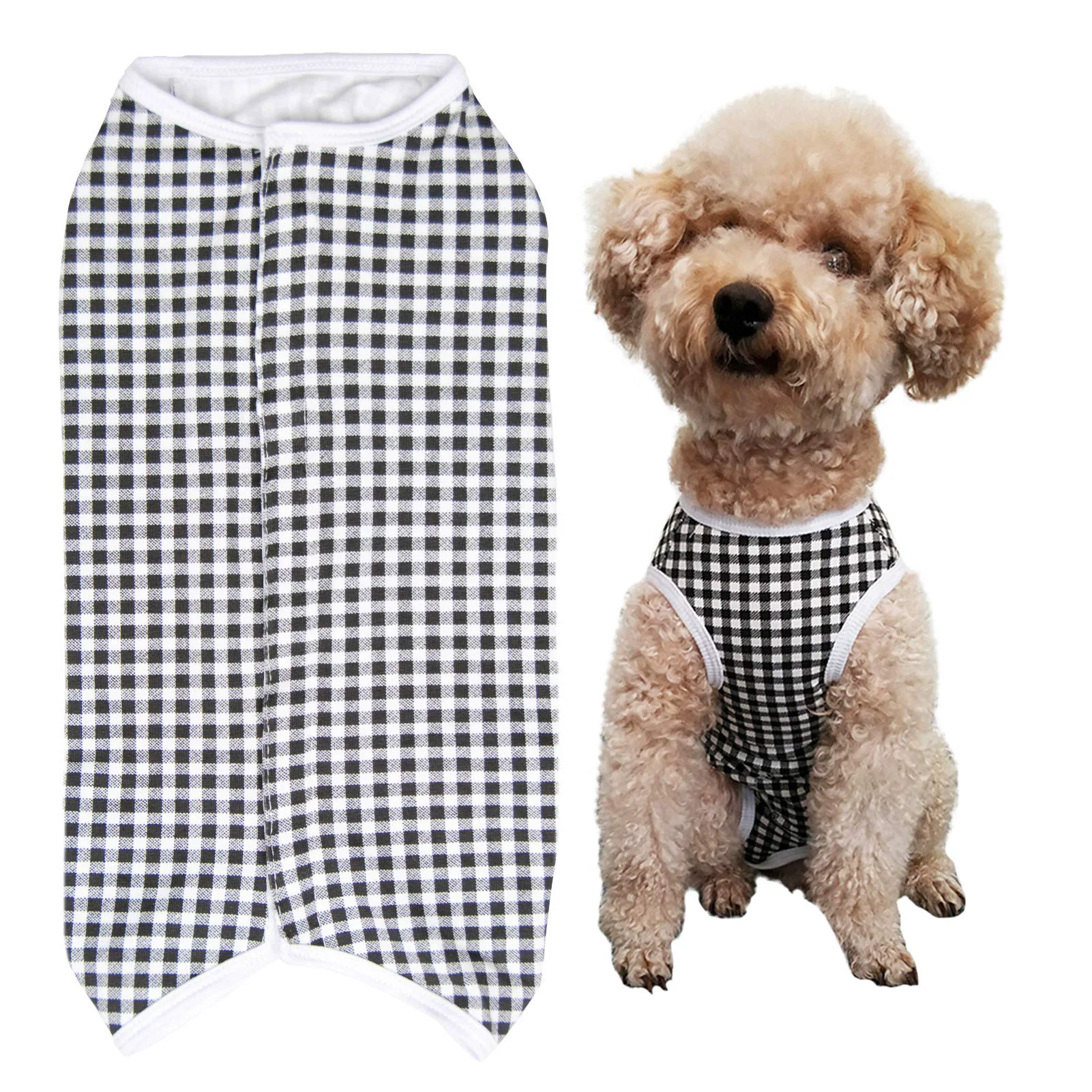 World-Class Kukaster Pet Dog Recovery Suit Post-Surgery Shirt – Black White Plaid XXS Clean