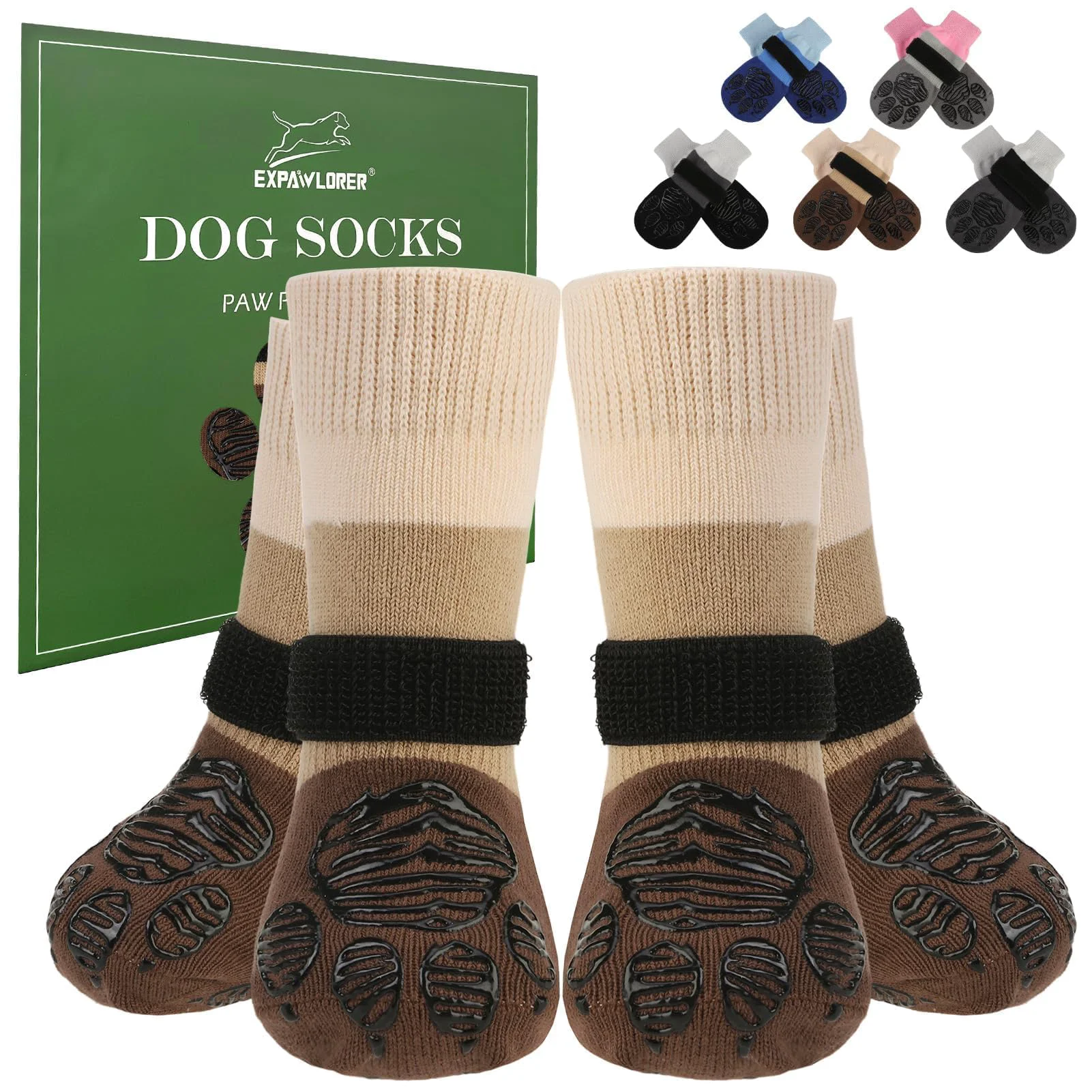 Pure EXPAWLORER Anti Slip Dog Socks – All-Season Paw Protection with Grippers Khaki XS Practical