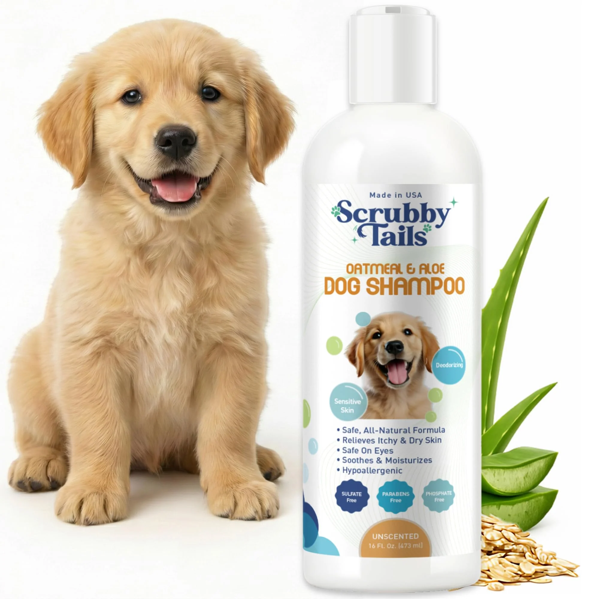 Authentic Scrubby Tails Organic Dog Shampoo - Puppy Oatmeal Tearless Hypoallergenic 16oz - Made in USA Modern