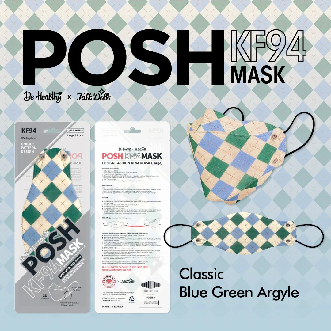 World-Class POSH KF94 Mask Classic Blue Green Argyle A09 Professional