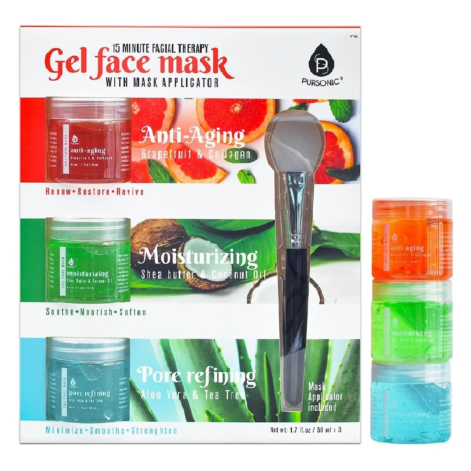 Solid 3 Pack Facial Therapy Gel Face Mask With Mask Applicator Functional