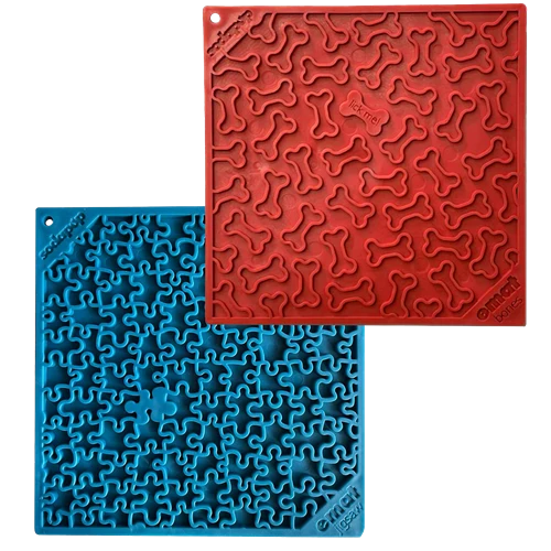 Classic Blue Jigsaw Red Bones Dog Lick Mat Bundle 2-Pack Large Variety eMat SodaPup Original Design