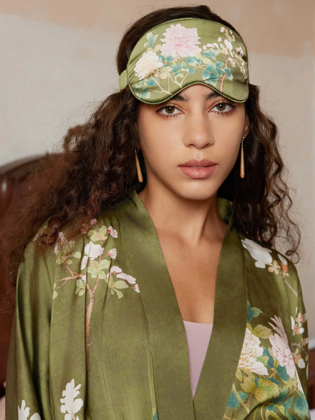 Classic Olive Charmeuse Floral Asian Inspired Sleep Mask Responsible