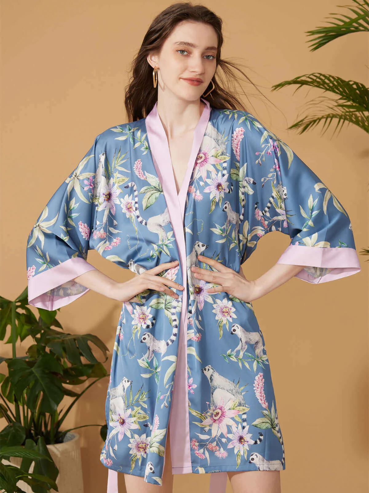 High-Performance Short Kimono Robe Blue Forest Soft