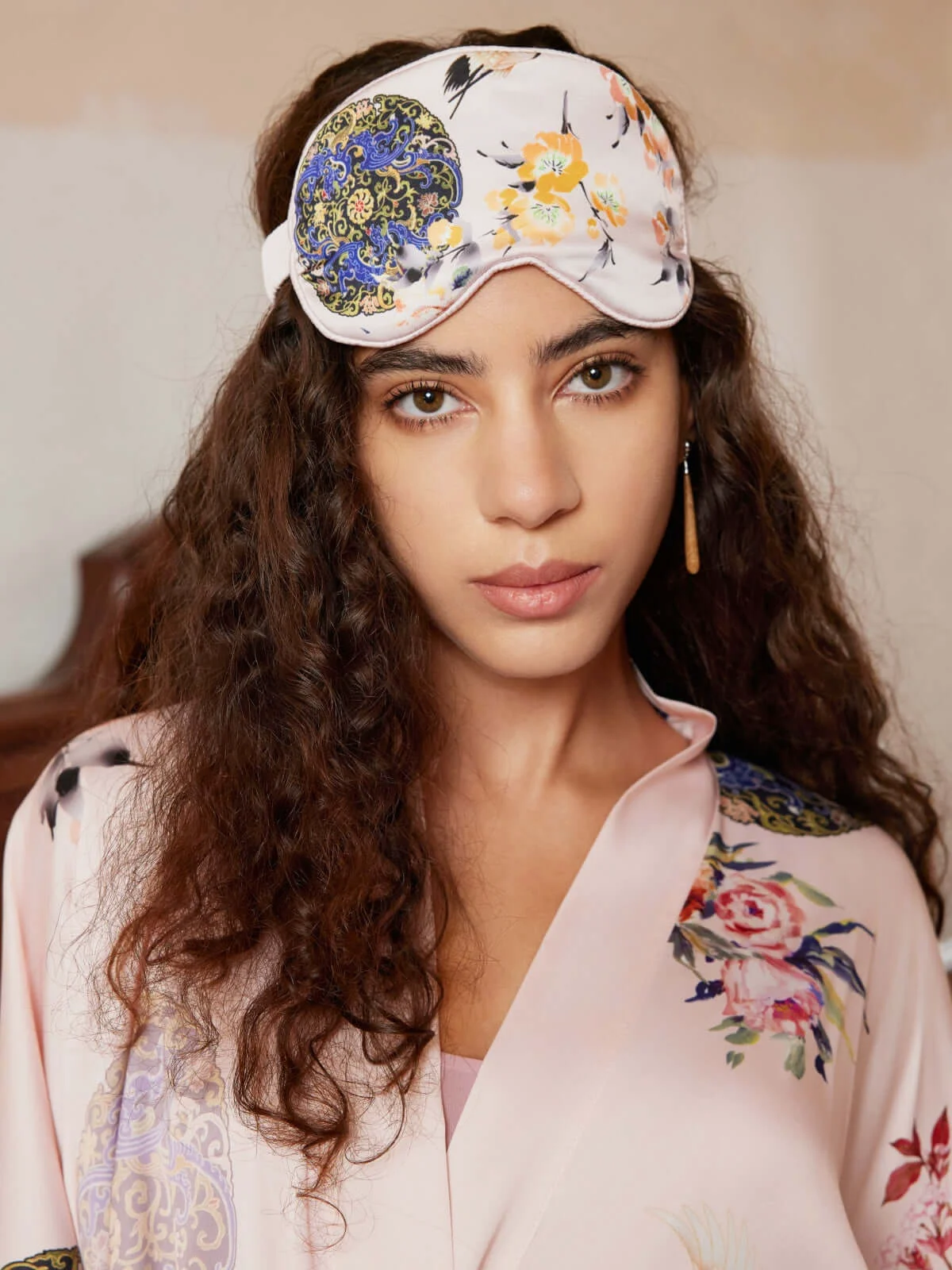 Detailed Pink Crane Charmeuse Floral Asian Inspired Sleep Mask Traditional