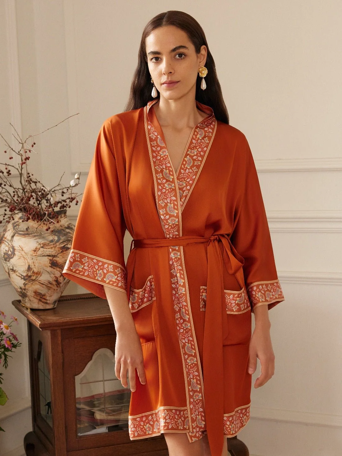 Trusted Luxuriously Orange Embellished Flower Short Robe with Pockets High-Quality