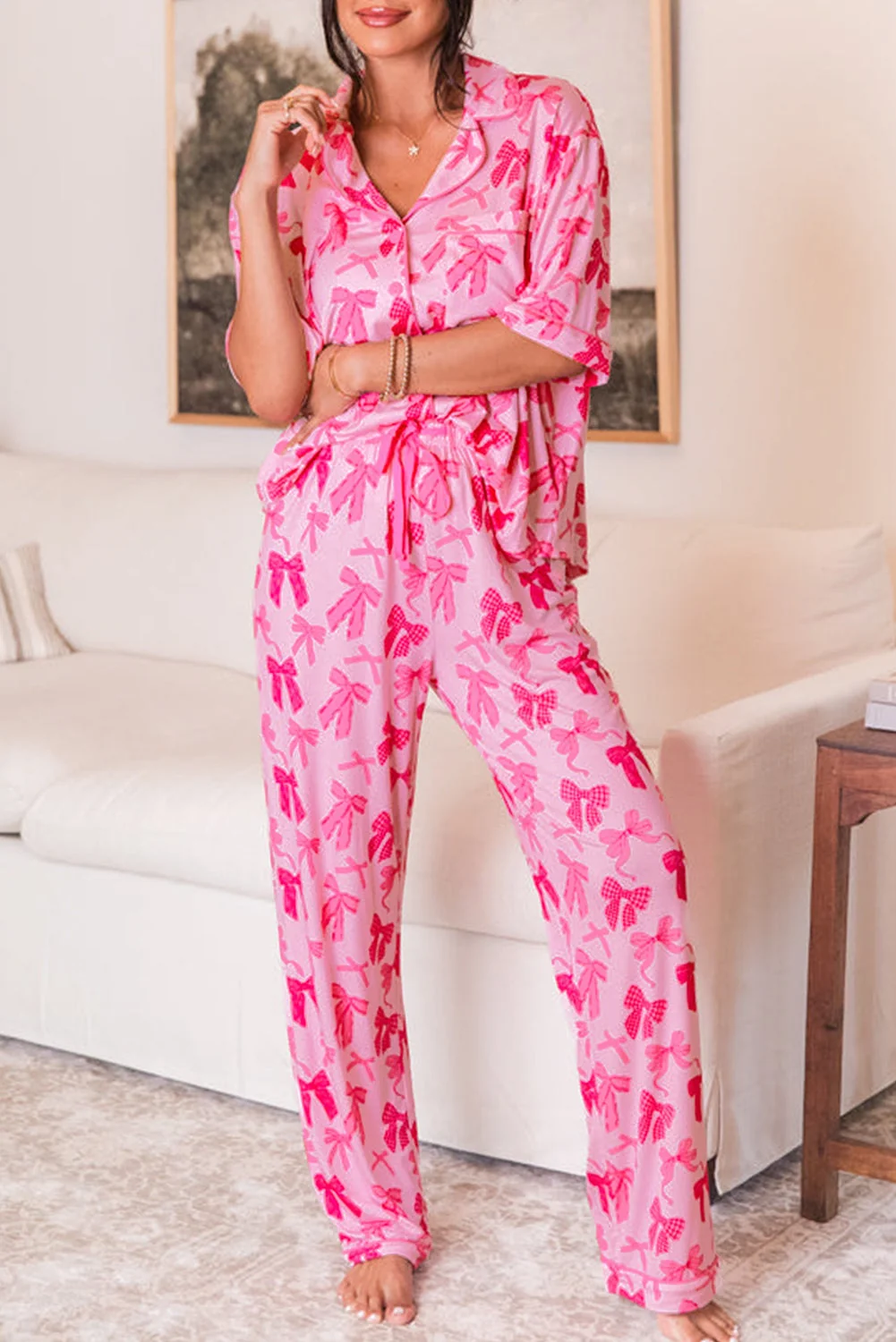 Breathable Pink Bow Knot Print Lapel Collar Short Sleeve and Pants Pajamas Set Luxury
