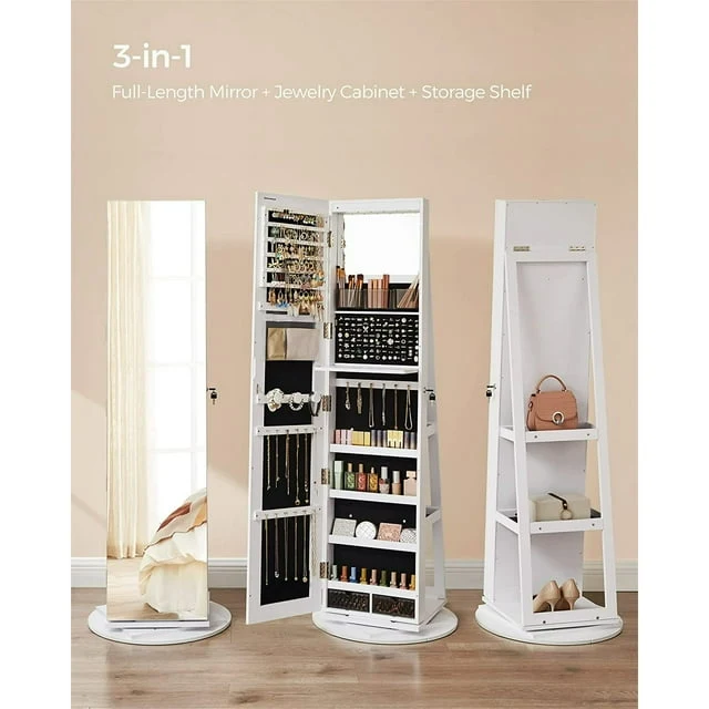 Detailed BEHOST 3-in-1 White Rotating Jewelry Cabinet with Full Length Jewelry Armoire Standing Makeup Organizer Convenient
