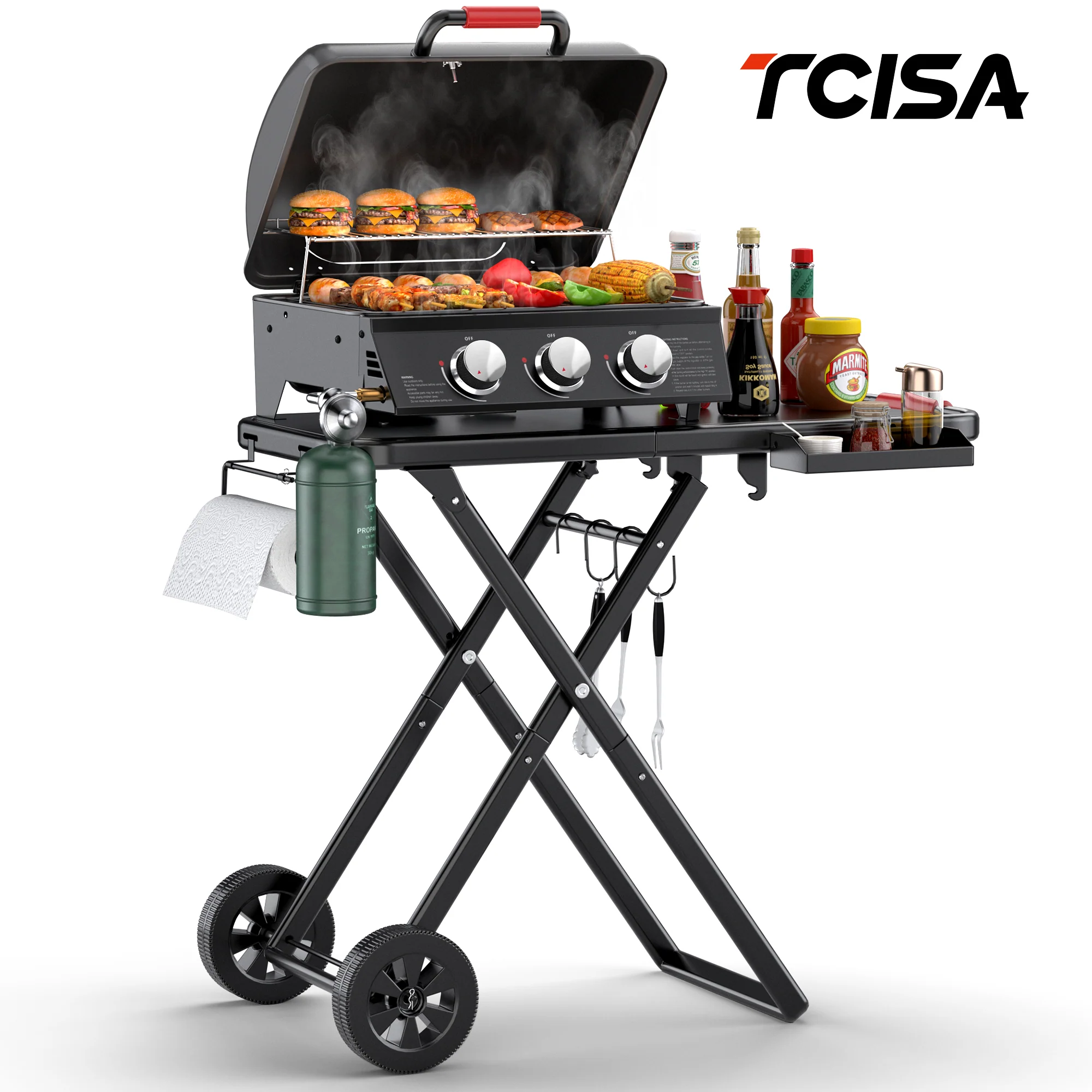 Crafted Portable 3-Burner Propane Gas Grill 30 000BTU Foldable and Stand-up for Outdoor BBQ Camping Grill Backyard Cooking Selected
