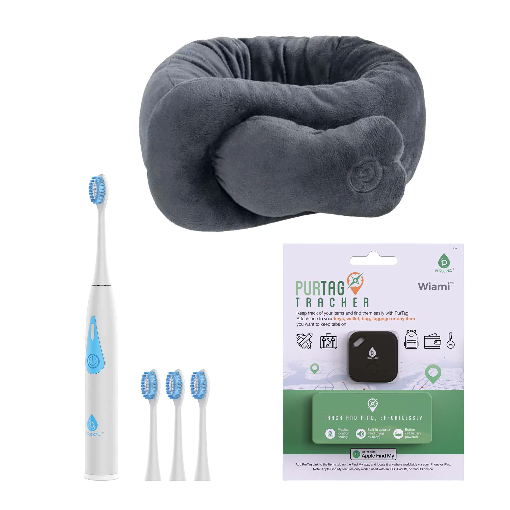 Official On-the-Go Travel Kit – Triple-Head Electric Toothbrush Purtag Tracker Portable Neck Shoulder Massaging Wrap Innovative