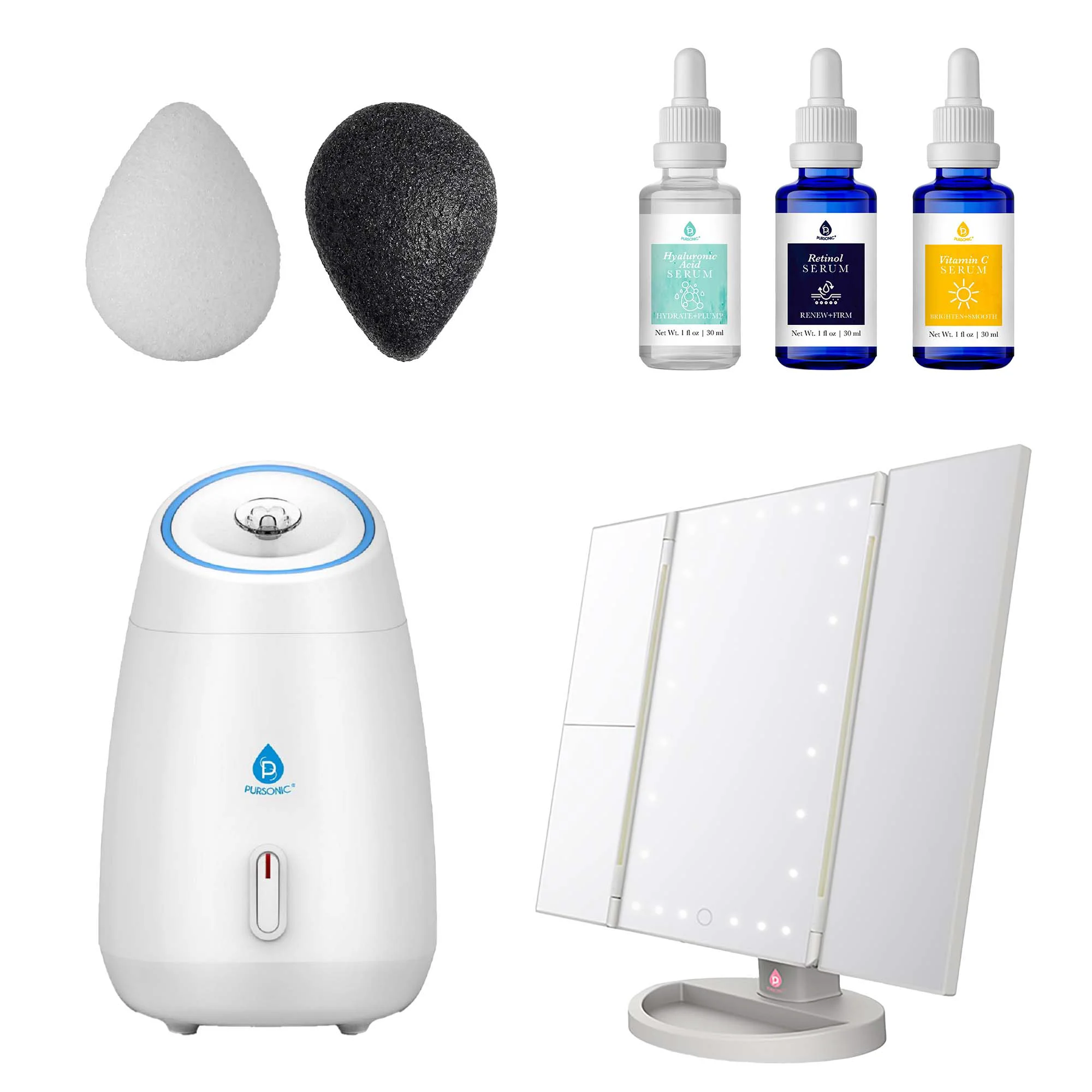 Smart Radiance Skincare Beauty Bundle Tri-Fold Vanity Mirror Pursonic Facial Steamer Anti-Aging Serum Set Konjac Sponge Duo Casual