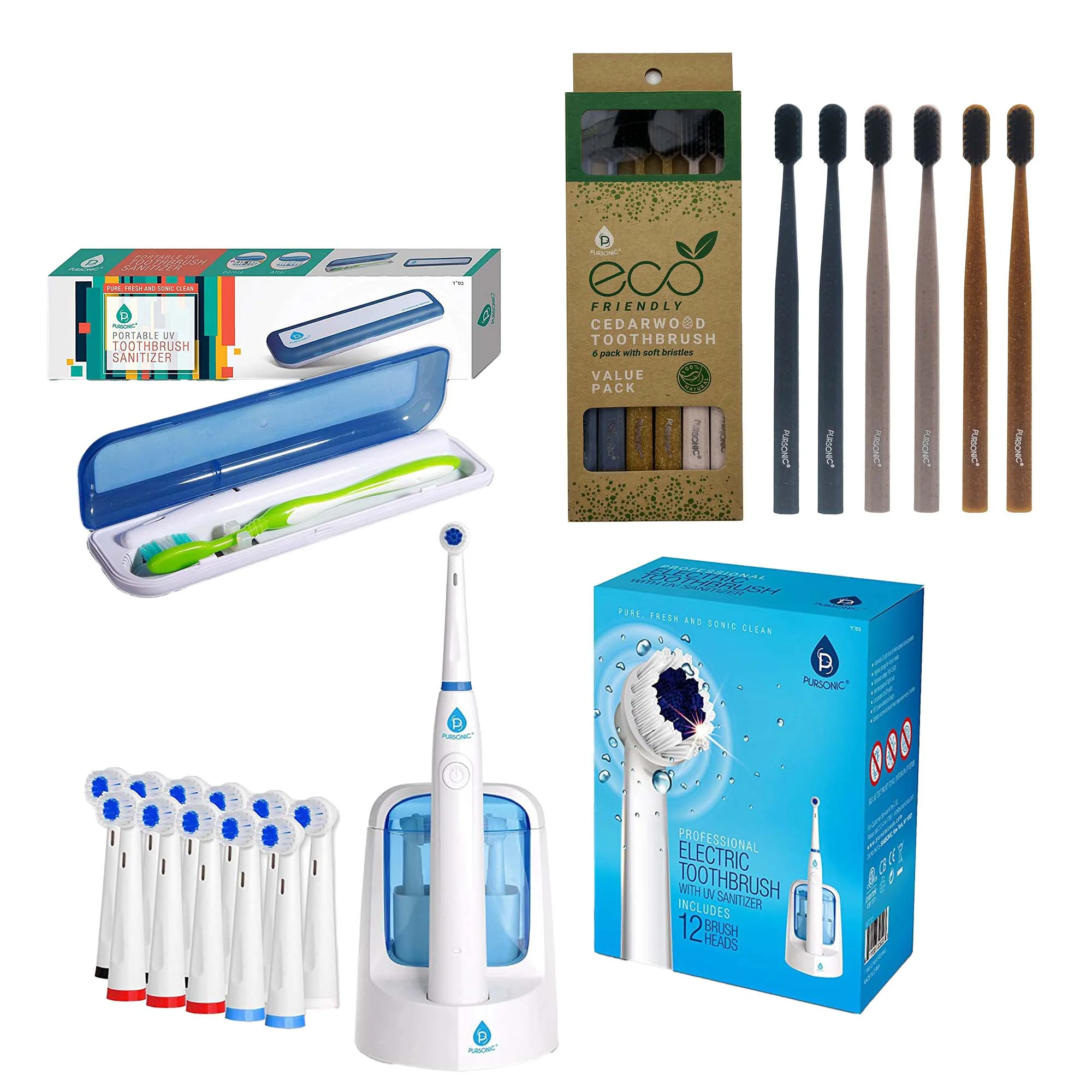Next-Generation Family Dental Care Bundle Pursonic RET200 Oscillating Electric Rechargeable Toothbrush Eco-Friendly Cedarwood Toothbrushes 6 Pack Portable UV Toothbrush Sanitizer Quality