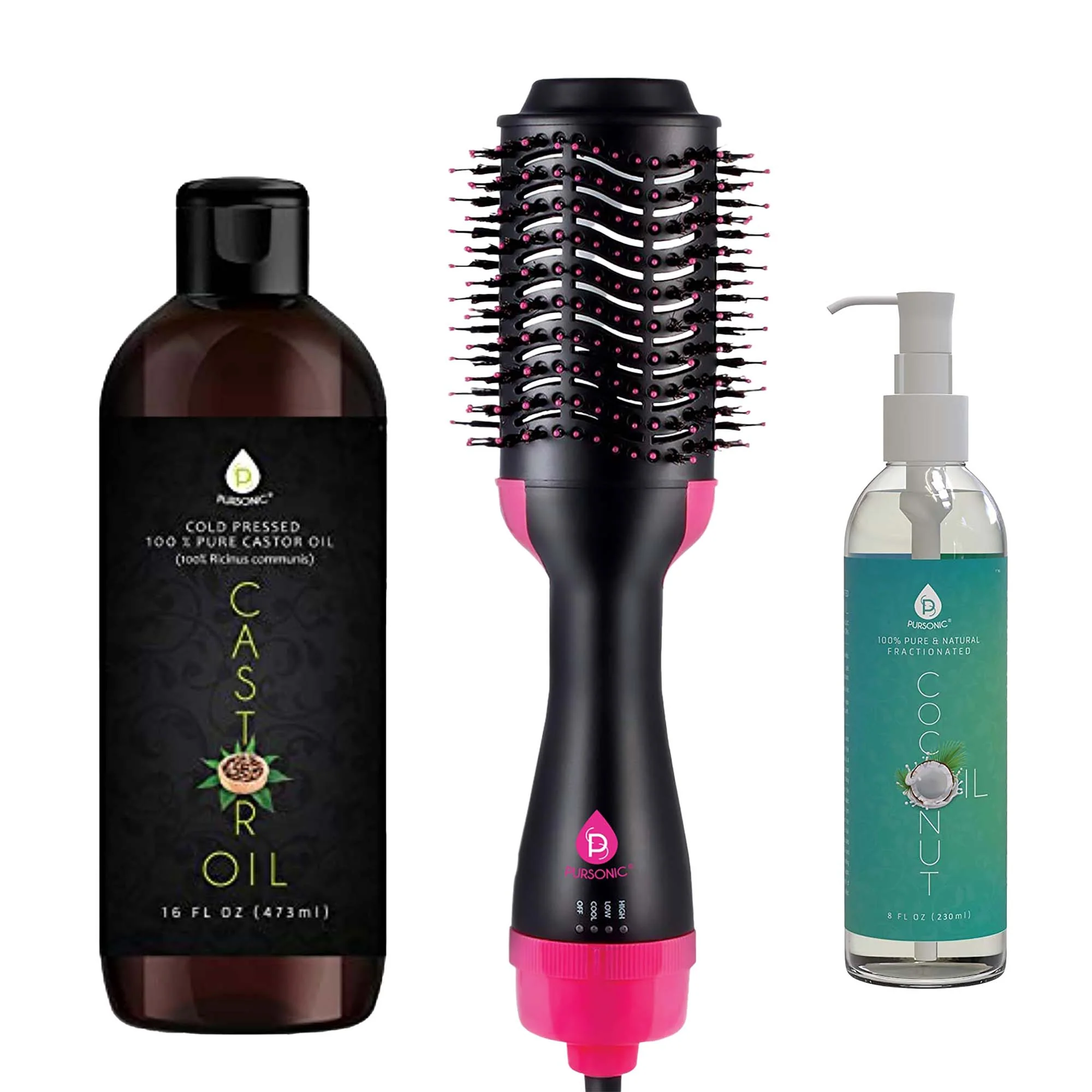 Traditional Hair Strengthening Bundle Pursonic Fractionated Coconut Oil One-Step Hair Dryer Volumizer Brush and Cold-Pressed Castor Oil Easy-to-Use