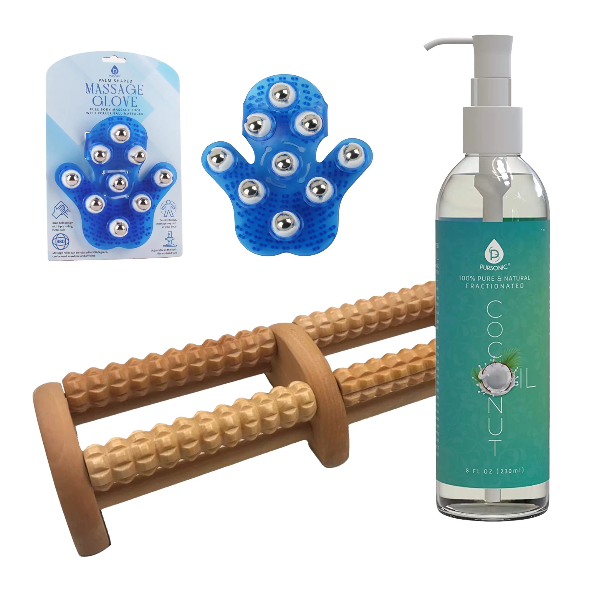 Certified Pursonic Relaxation Gift Bundle Palm Shaped Massage Glove Wooden Foot Massager and Fractionated Coconut Oil Trendy