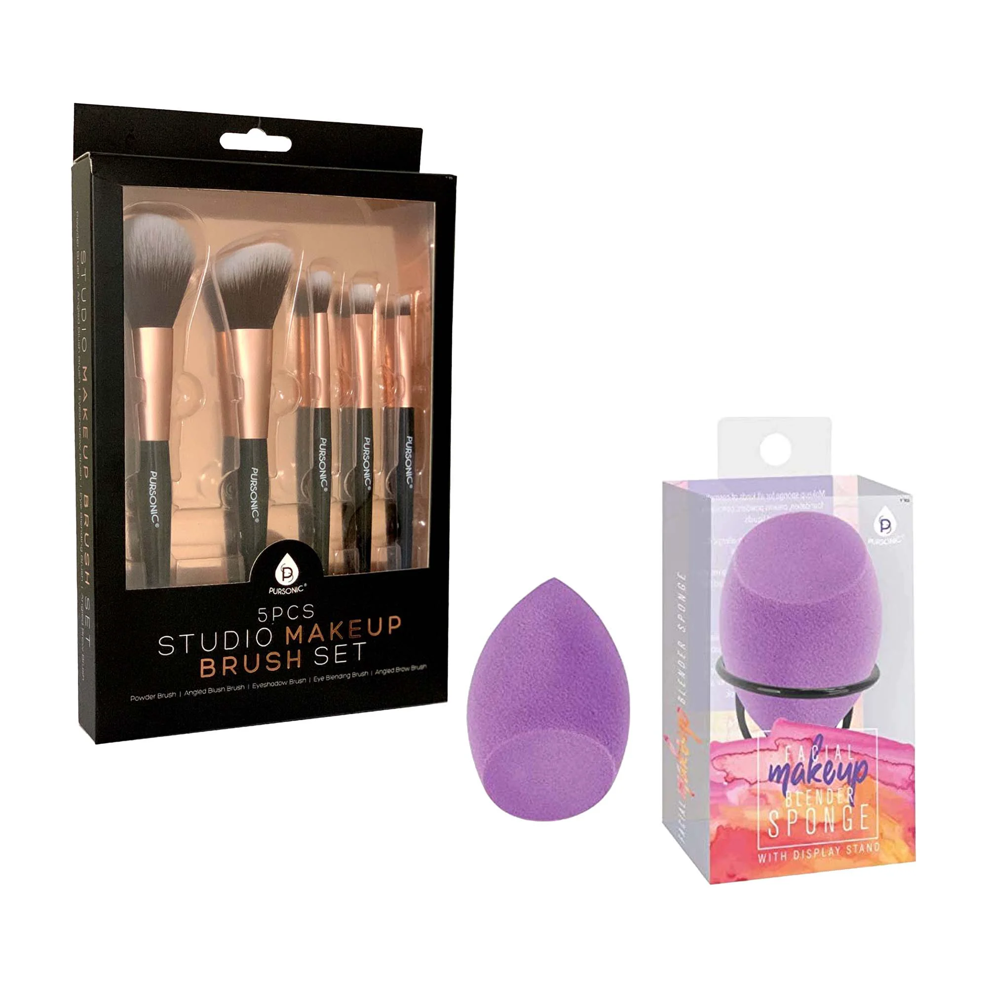 Elite Pursonic Complete Makeup Application Kit - 5-Piece Studio Makeup Brush Set Facial Makeup Blender Sponge with Stand Soft
