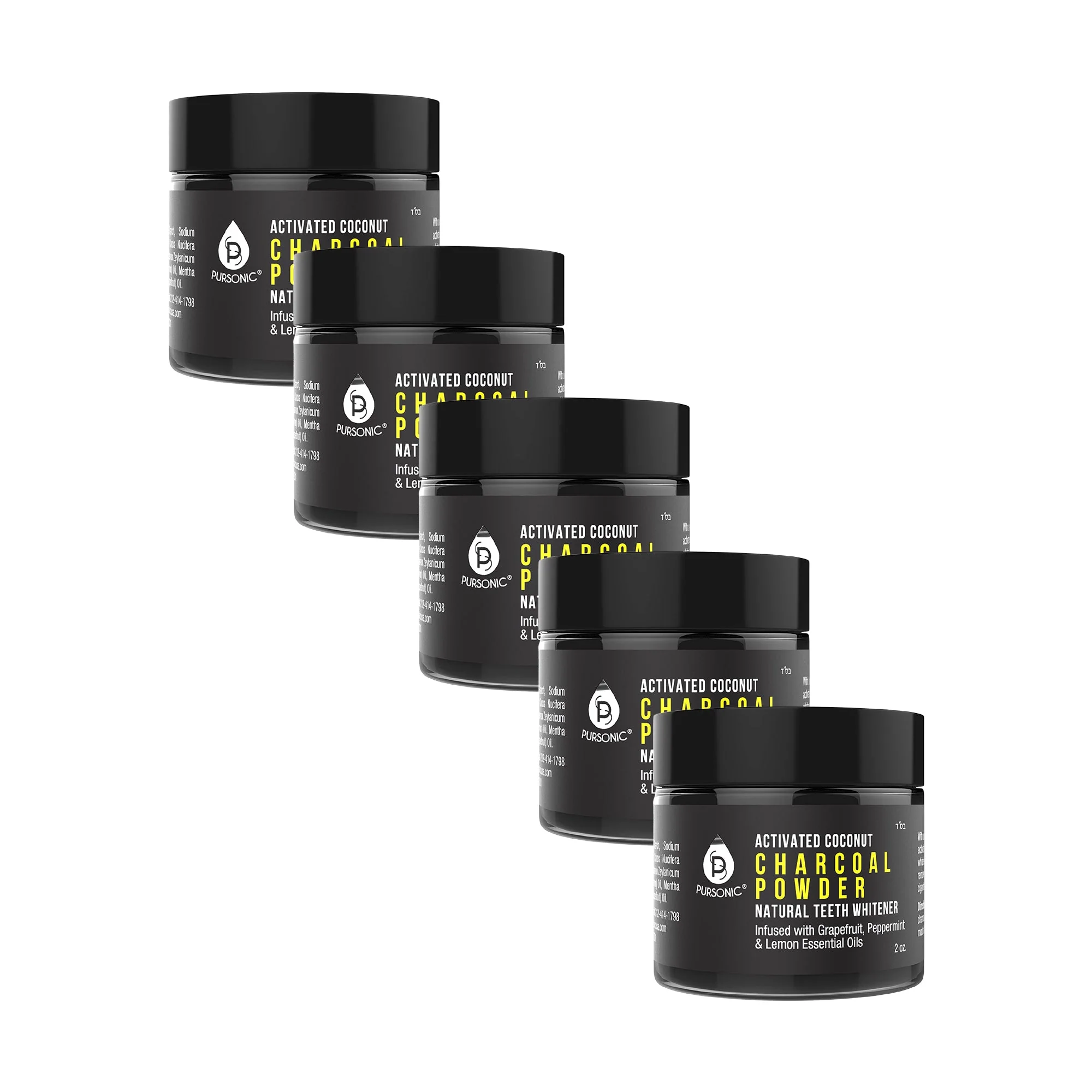 Smart Pursonic Teeth Whitening Charcoal Powder Natural 5-Pack - Infused With Grapefruit Peppermint Lemon Essential Oils - 2oz Each Expertly Made