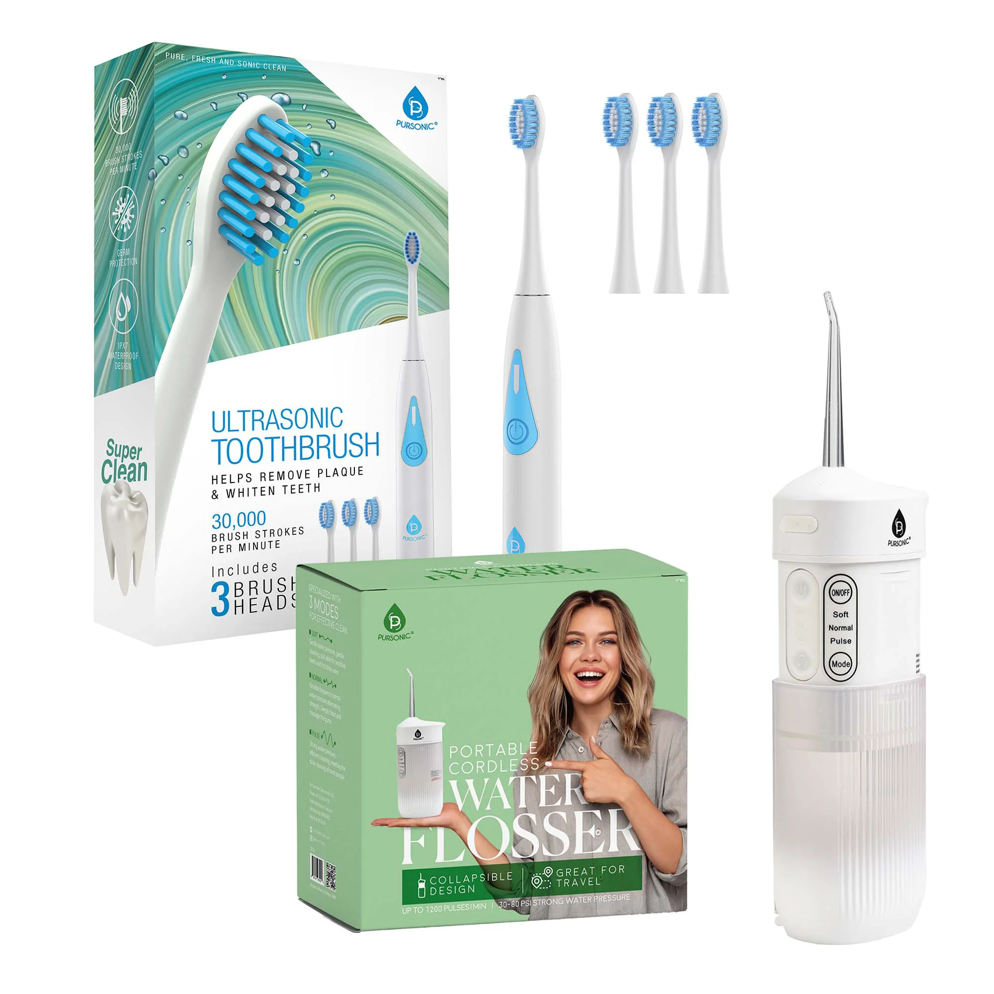 Exceptional Smile Care Duo Triple-Head Tooth Wizard Travel-Ready Water Flosser Detailed