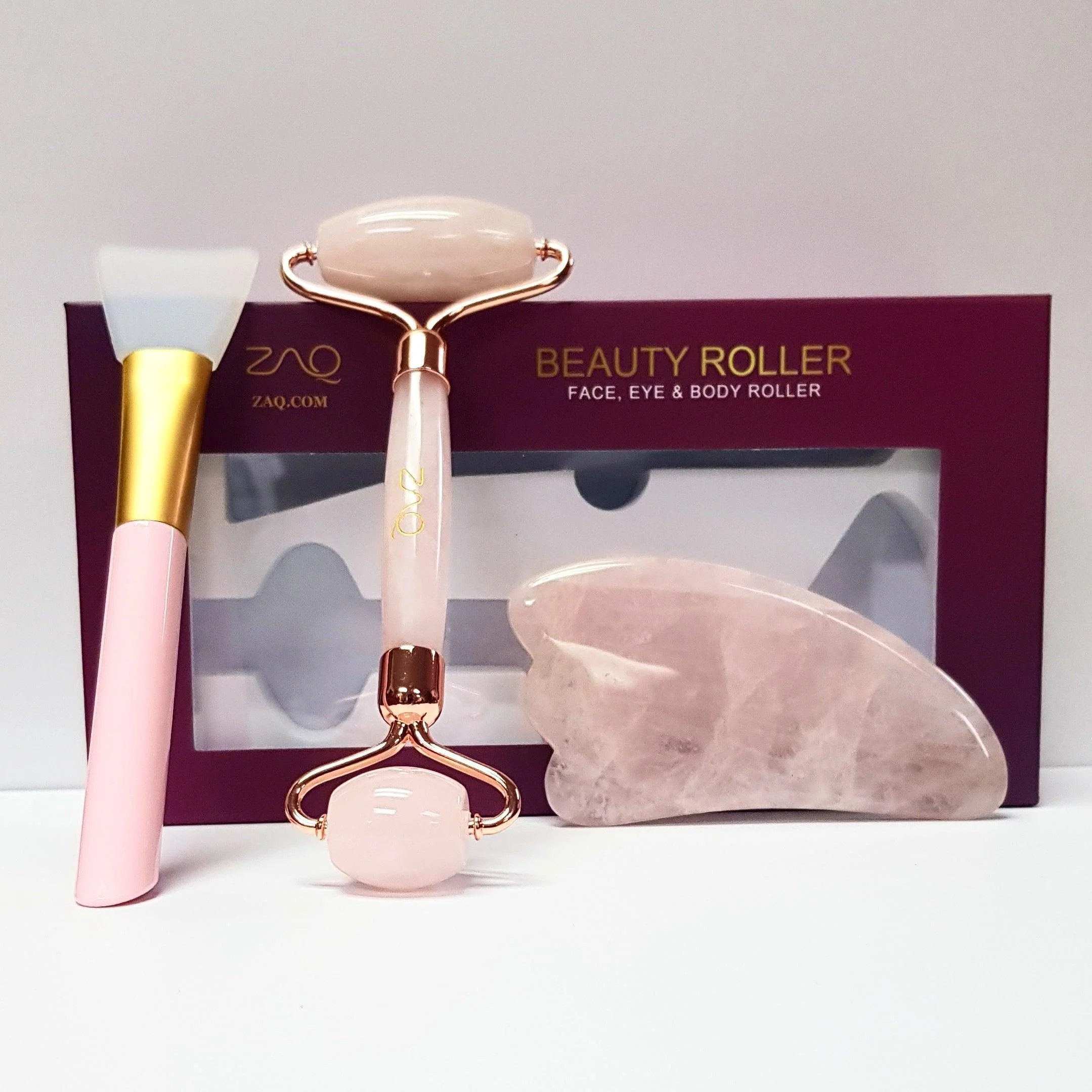 Relaxed ZAQ Rose Quartz Facial Roller Gua Sha Board Brush Set Certified