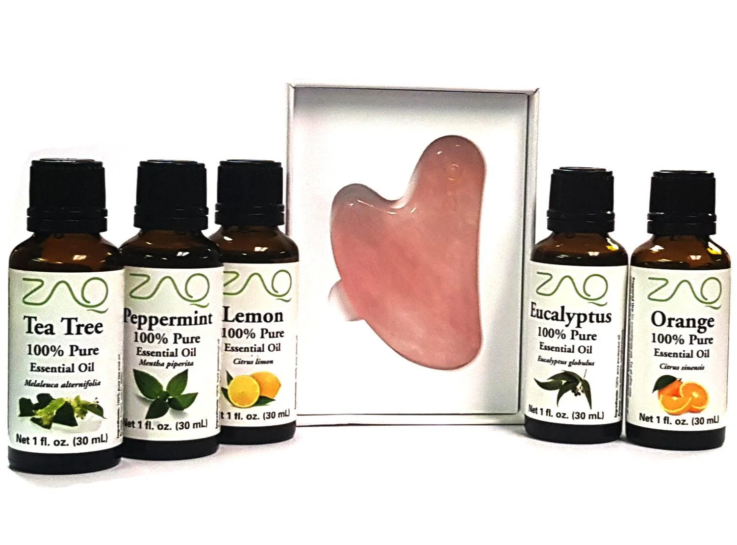 World-Class 6PC SET - ROSE QUARTZ GUA SHA BOARD 100 Pure Essential Oils EUCALYPTUS ORANGE TEA TREE PEPPERMINT LEMON Top-Quality
