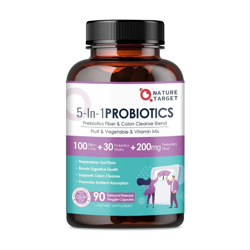 Versatile 5-in-1 Probiotics 100B CFUs 30 Strains Prebiotics Fiber 200mg Colon Cleanse Complex Fruit Vegetable Complex Vitamin B 90 Vcaps Reusable