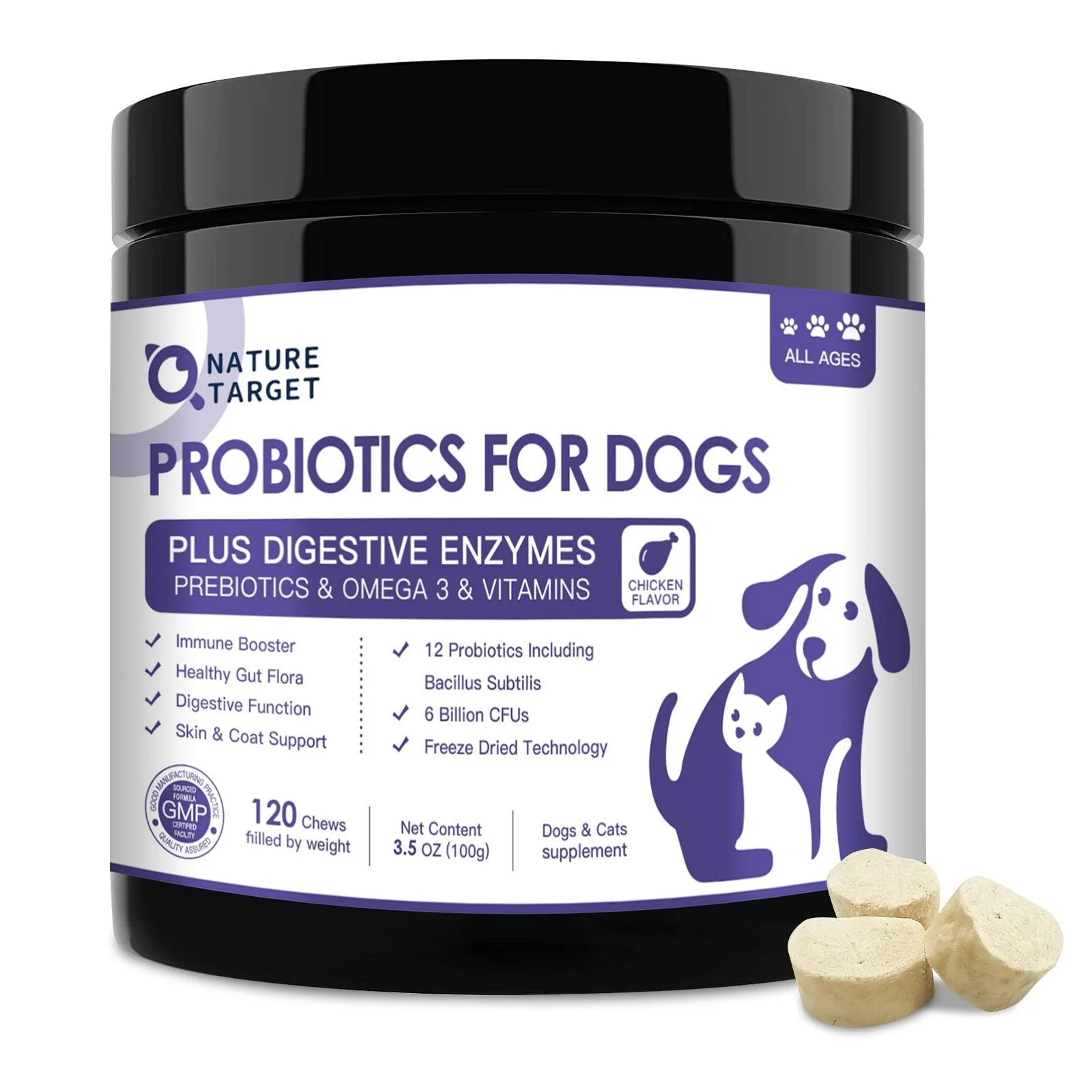 Long-Lasting Probiotics 6B CFUs Omega-3 for Dogs Cats Chicken Flavor 120 Chews Innovative