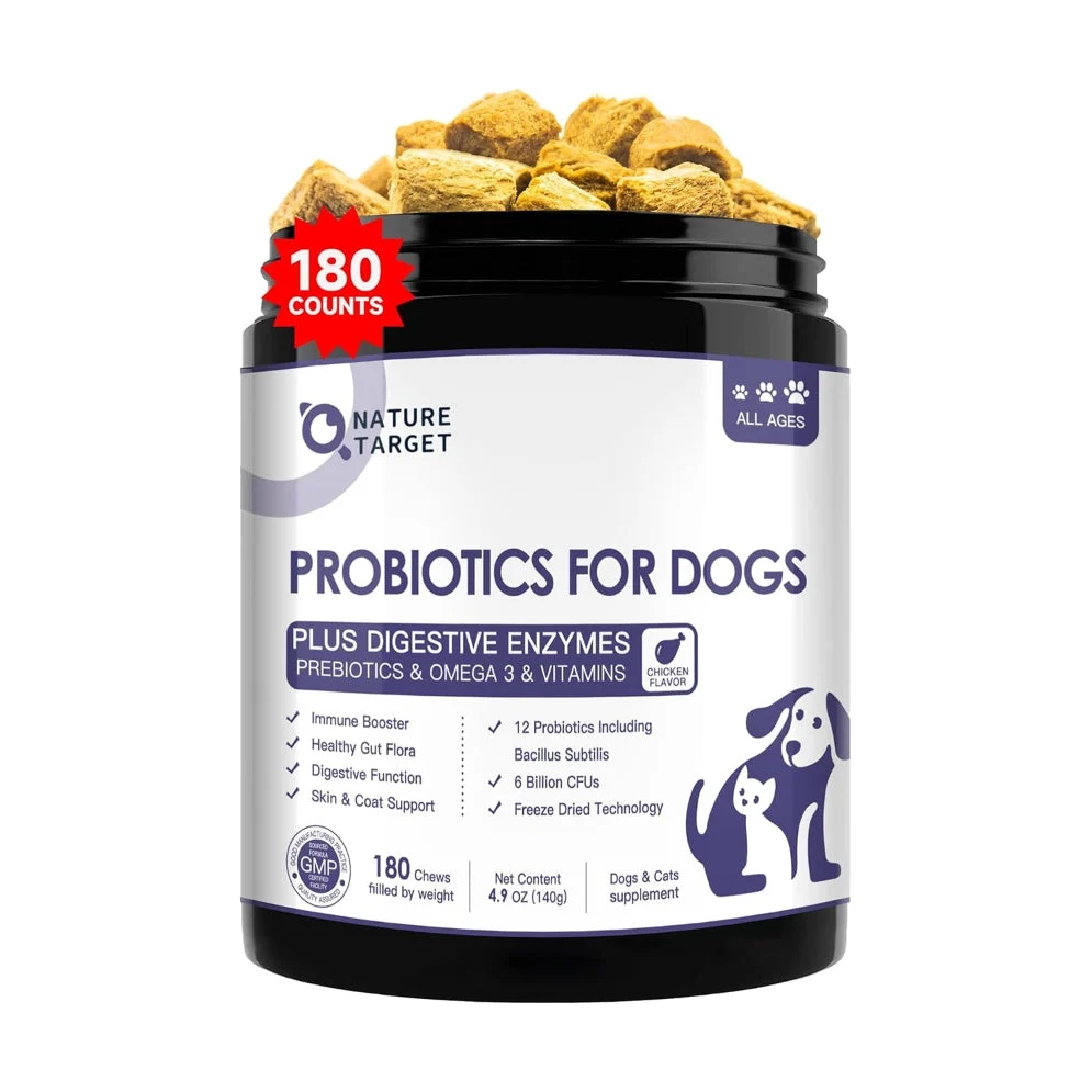 Verified Probiotics for Dogs Cats 6 Billion CFUs 12 Strains with Enzymes Prebiotics Omega-3 Chicken Flavor 180 Chews Official