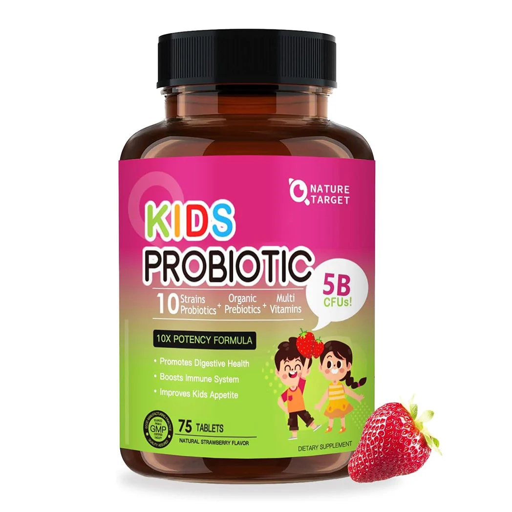 Convenient Kids Probiotic 5B CFUs 10 Strains Organic Prebiotics 200mg Vitamin C D3 Zinc Strawberry 75 Tablets Refined