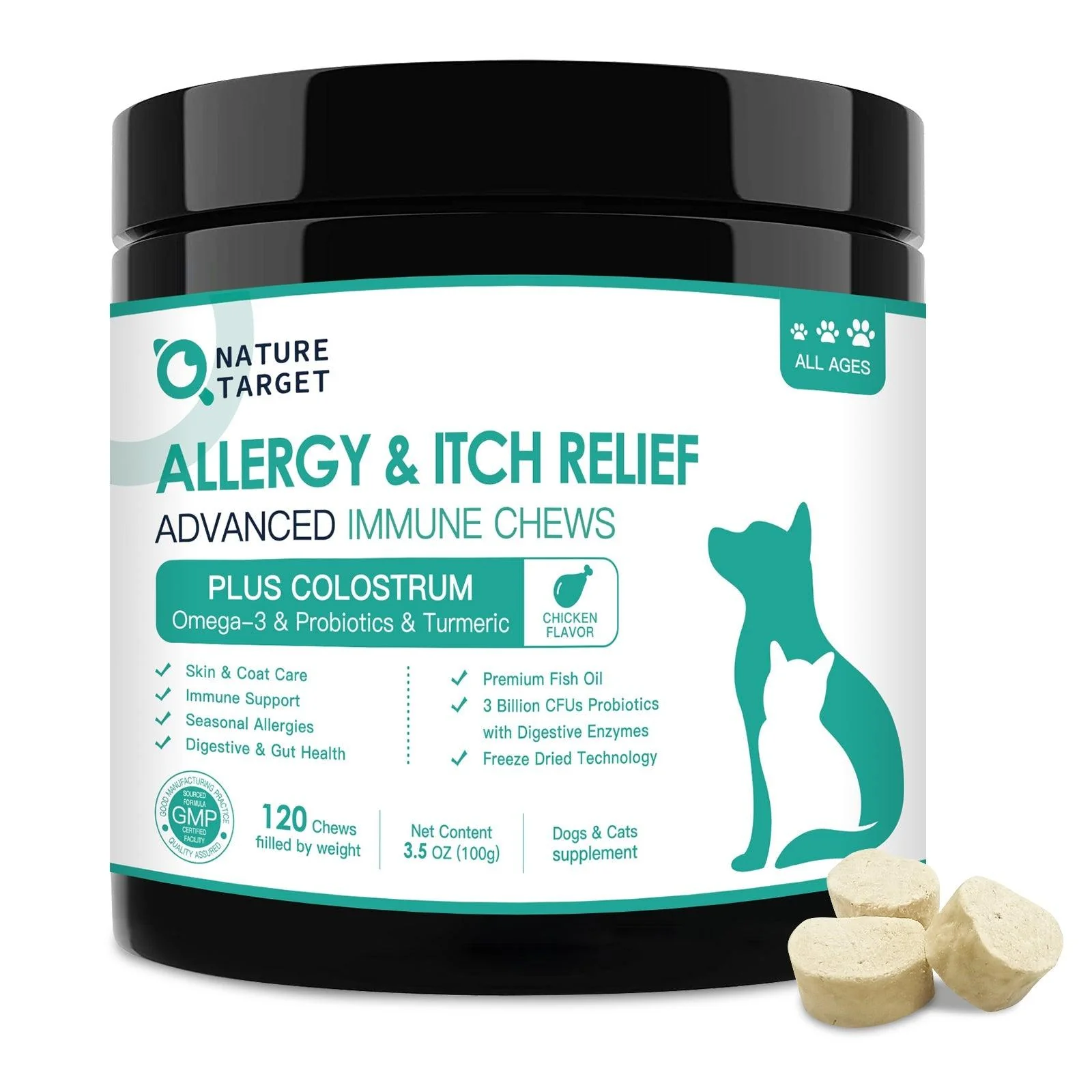 Elite Dog Cat Allergy Itch Relief Chews Colostrum Probiotics 3B CFUs Quercetin Omega-3 Turmeric Apple Cider Vinegar Chicken Flavor 120 Chews Long-Lasting
