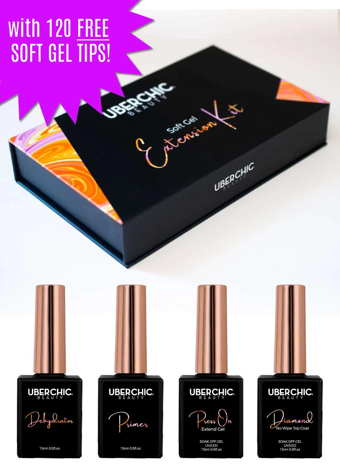 Optimized Soft Gel Kit 3-Step Soak Off Nail Extension System with Bonus Gel Top Coat Soft Gel Tips Fast