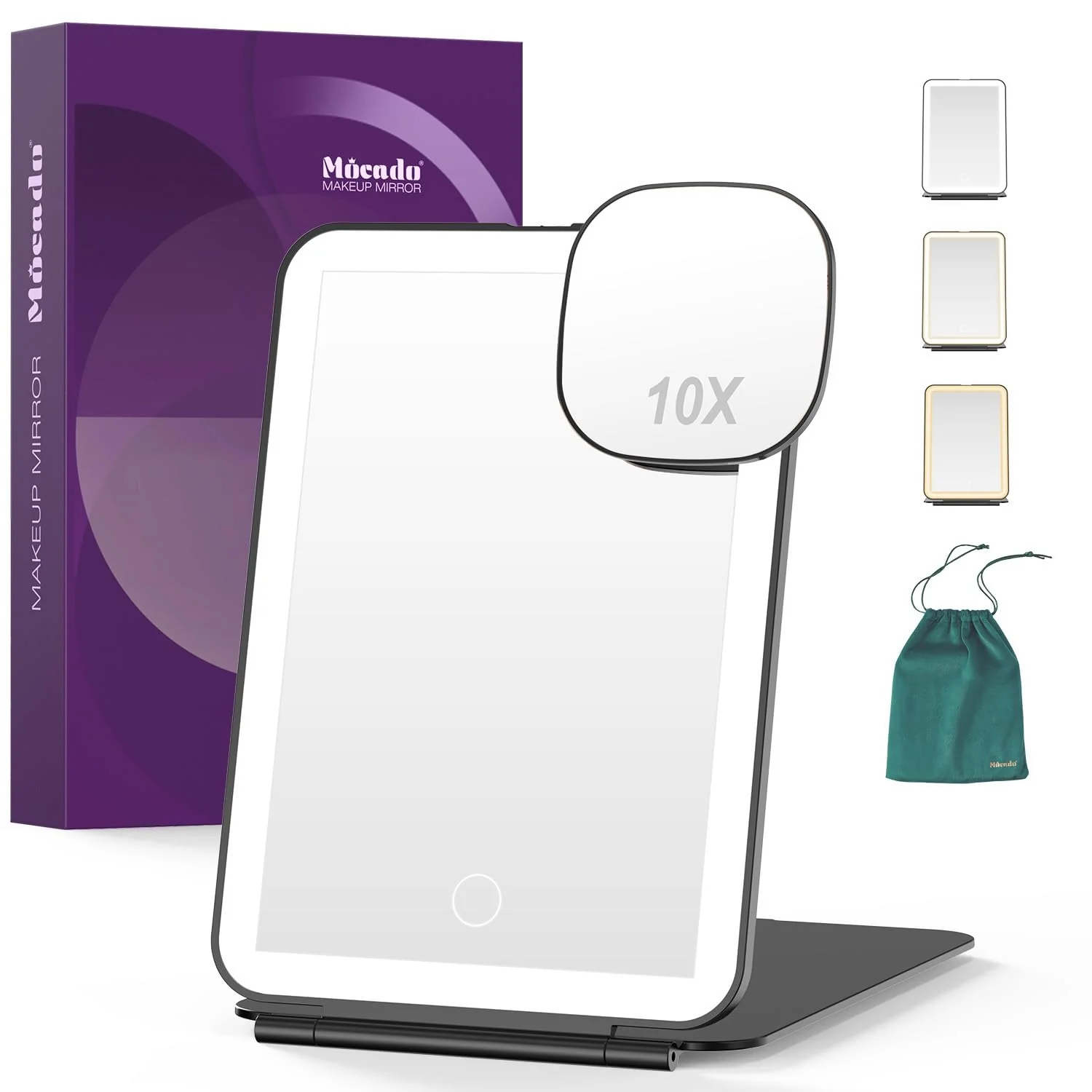 Eco-Friendly Mocado LED Foldable Travel Makeup Mirror - 5x7 inches 3 Colors Light Modes USB Rechargeable Touch Screen Portable Tabletop Cosmetic Mirror Practical