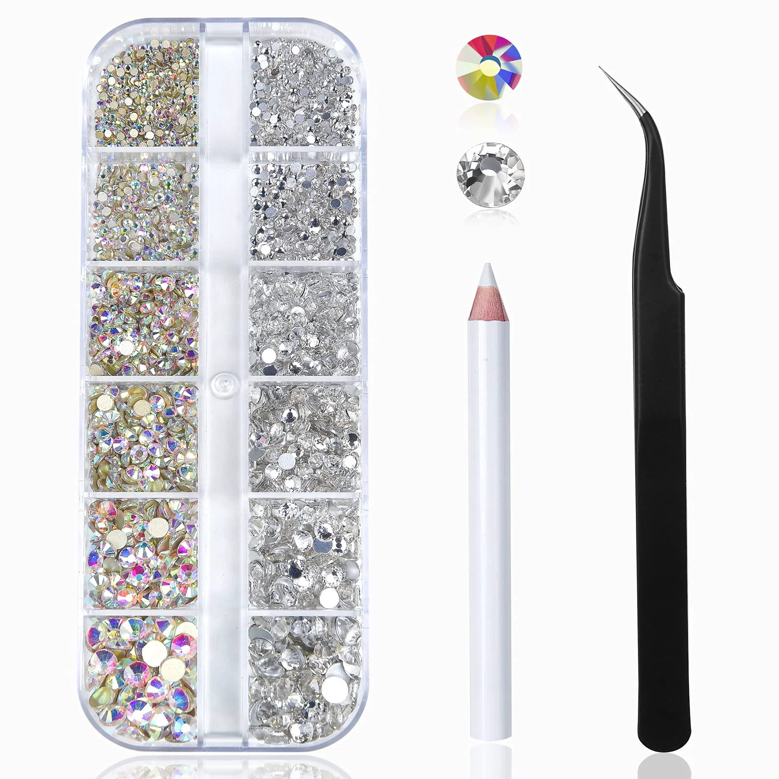 Efficient Nail Art Rhinestones Kit HUETFAT 2400pcs Nail Gems Ab Flatback Rhinestones Gems Stones with Storage Organizer Box Wax Pencil Tweezers 6 Sizes High-Performance